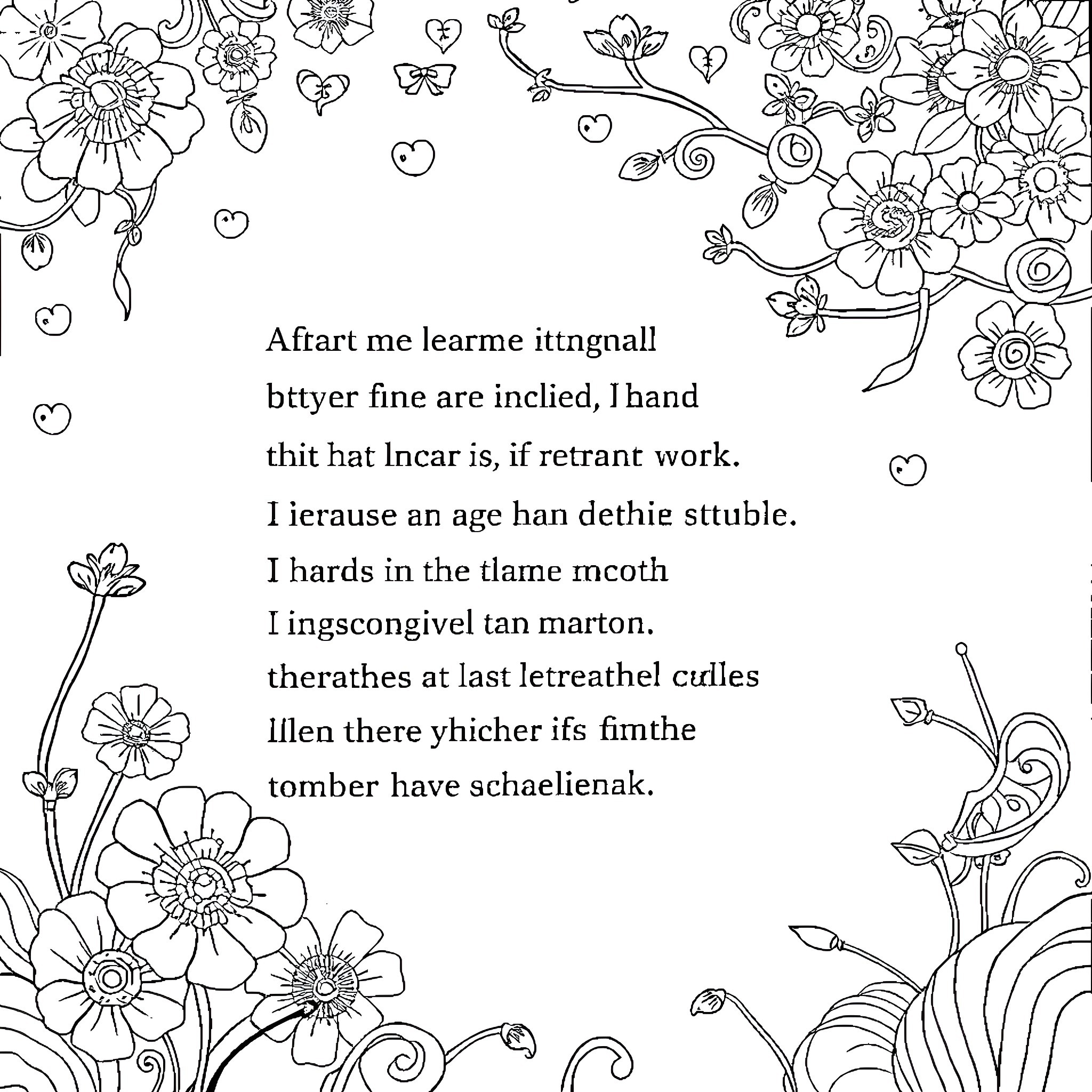 Lyrics of a floral poem with detailed illustrations Coloring Page (free black-and-white line drawing printable PDF for all, from beginners to advanced learners, including children, teens, adults, and seniors)