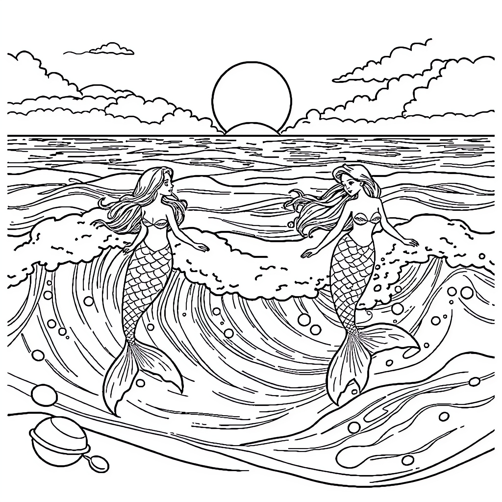 Mermaid Pair Frolicking in the Ocean Waves Coloring Page (free black-and-white line drawing printable PDF for all, from beginners to advanced learners, including children, teens, adults, and seniors)