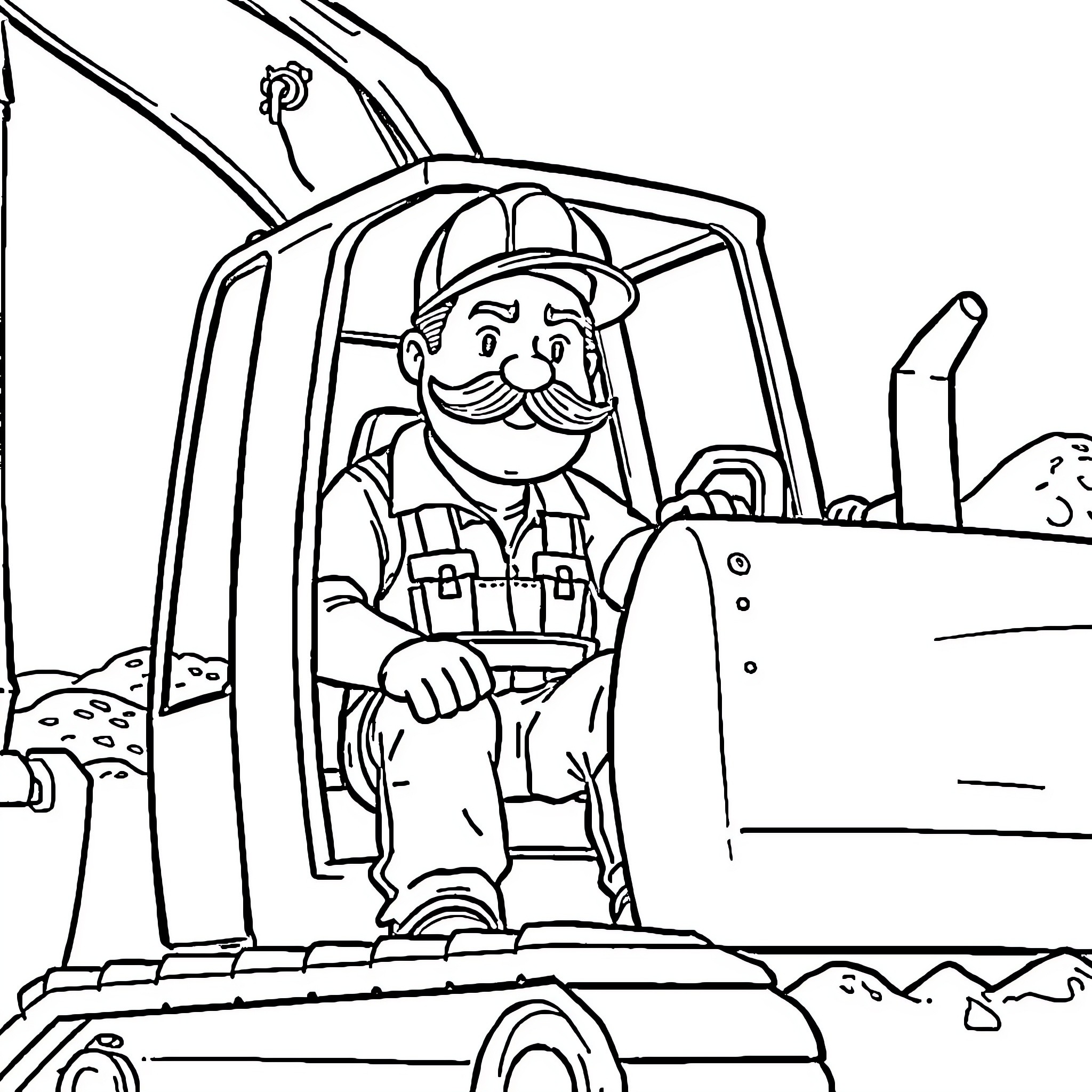 Worker operating heavy machinery with a smile Coloring Page (free black-and-white line drawing printable PDF for all, from beginners to advanced learners, including children, teens, adults, and seniors)