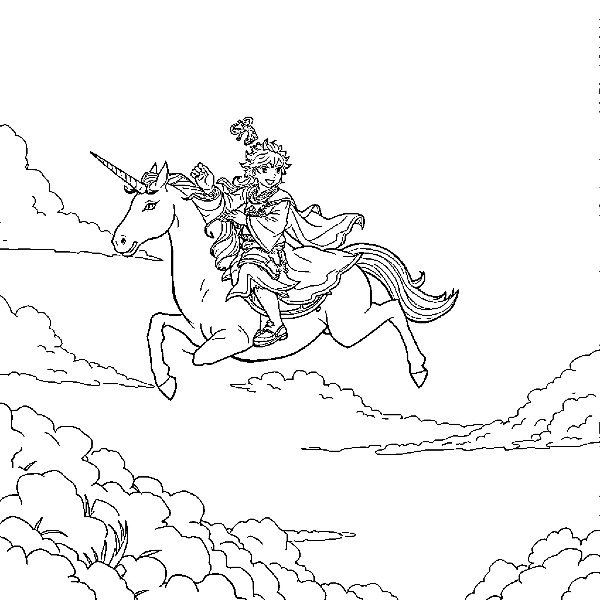 Sangoku Riding Magical Unicorn Through Cloudy Skies Coloring Page (free black-and-white line drawing printable PDF for all, from beginners to advanced learners, including children, teens, adults, and seniors)