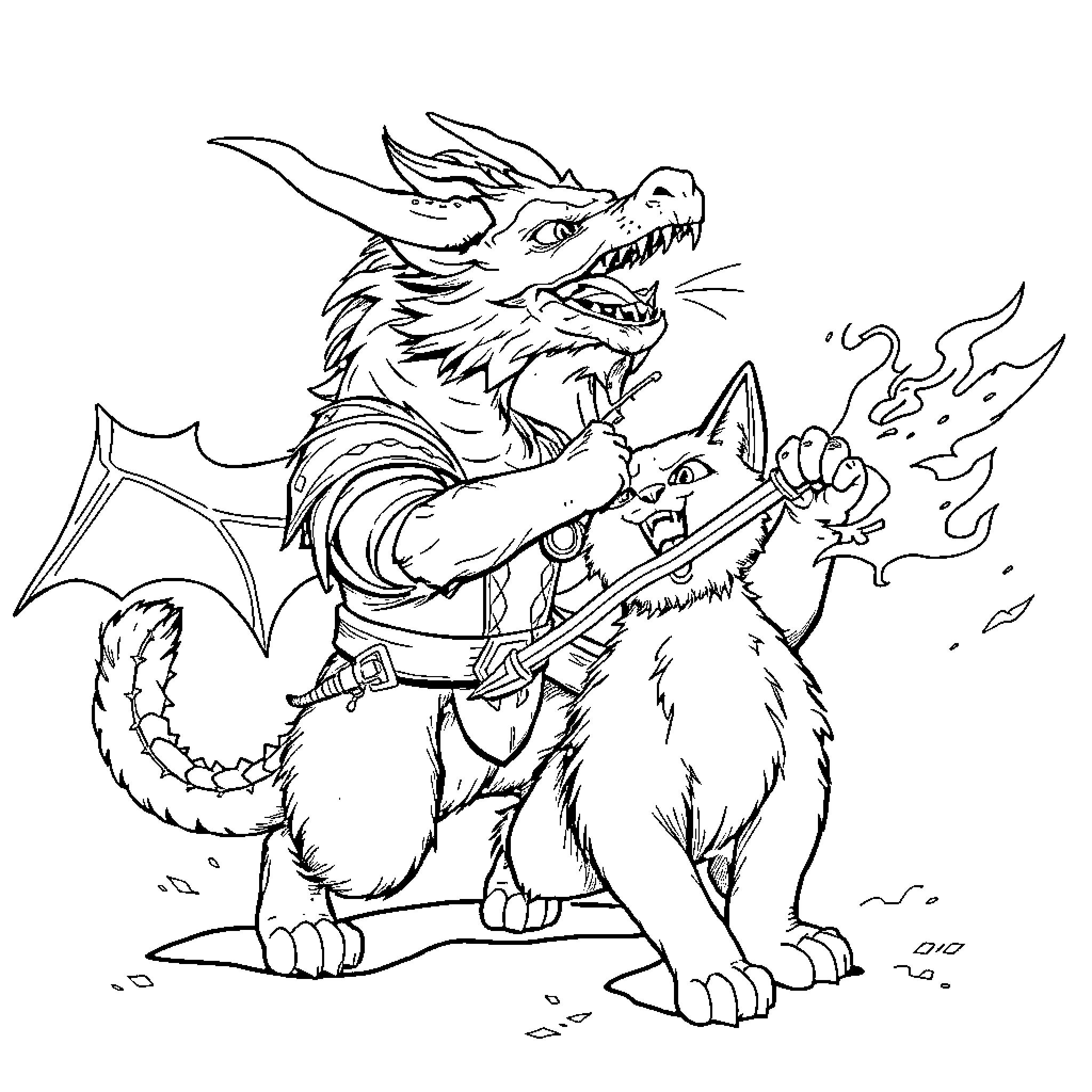 Warrior Cat brandishing fiery weapon and riding wolf companion Coloring Page (free black-and-white line drawing printable PDF for all, from beginners to advanced learners, including children, teens, adults, and seniors)