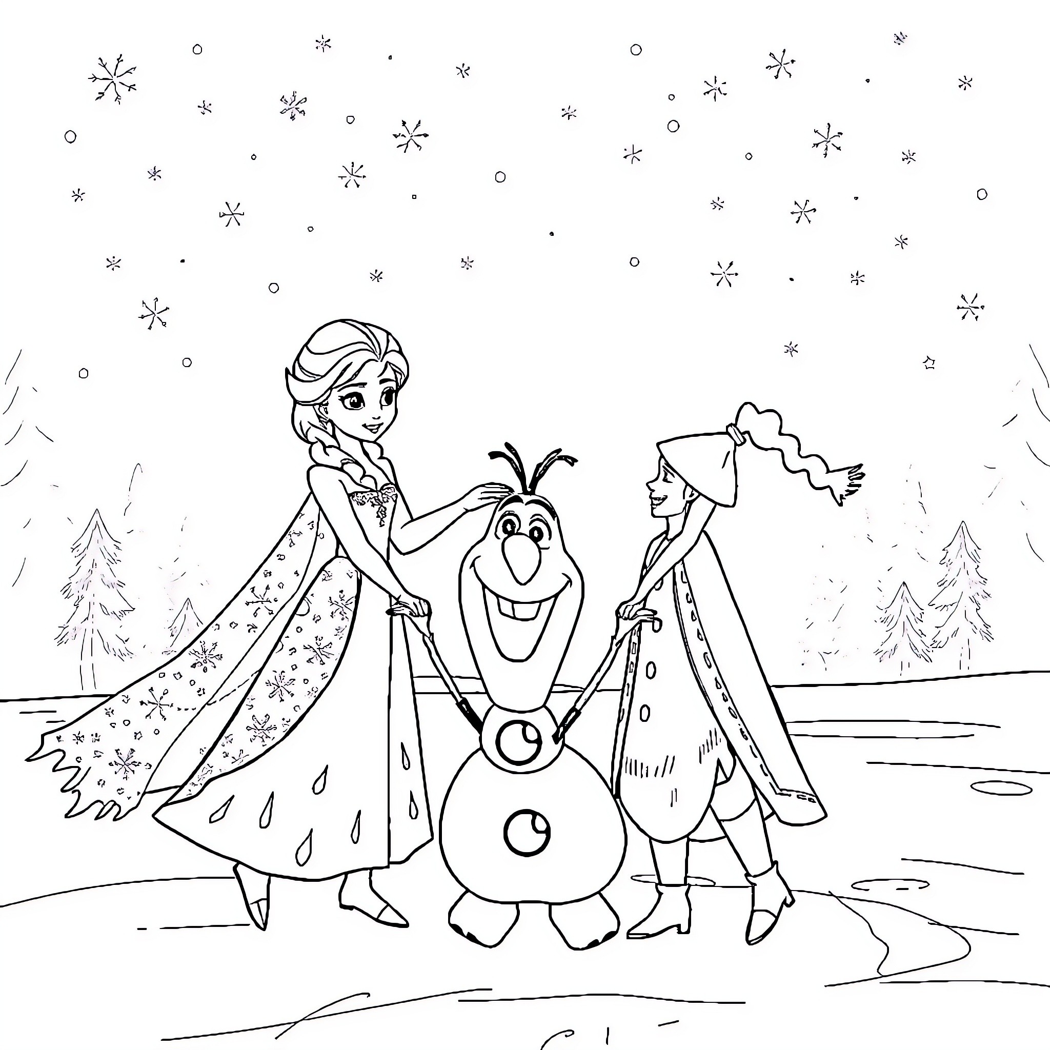Elsa and Olaf Enjoying the Winter Wonderland Coloring Page (free black-and-white line drawing printable PDF for all, from beginners to advanced learners, including children, teens, adults, and seniors)