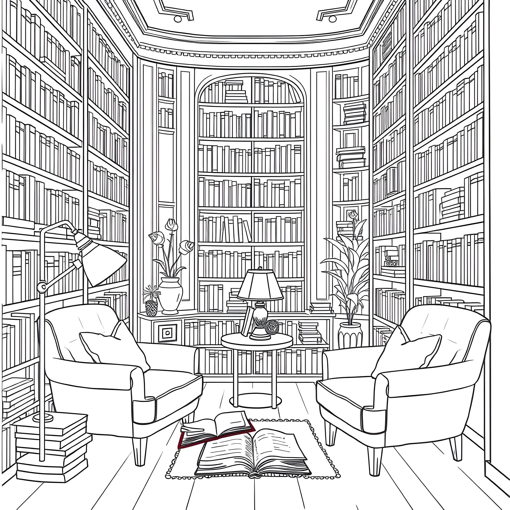 Book characters relaxing in a cozy library Coloring Page (free black-and-white line drawing printable PDF for all, from beginners to advanced learners, including children, teens, adults, and seniors)