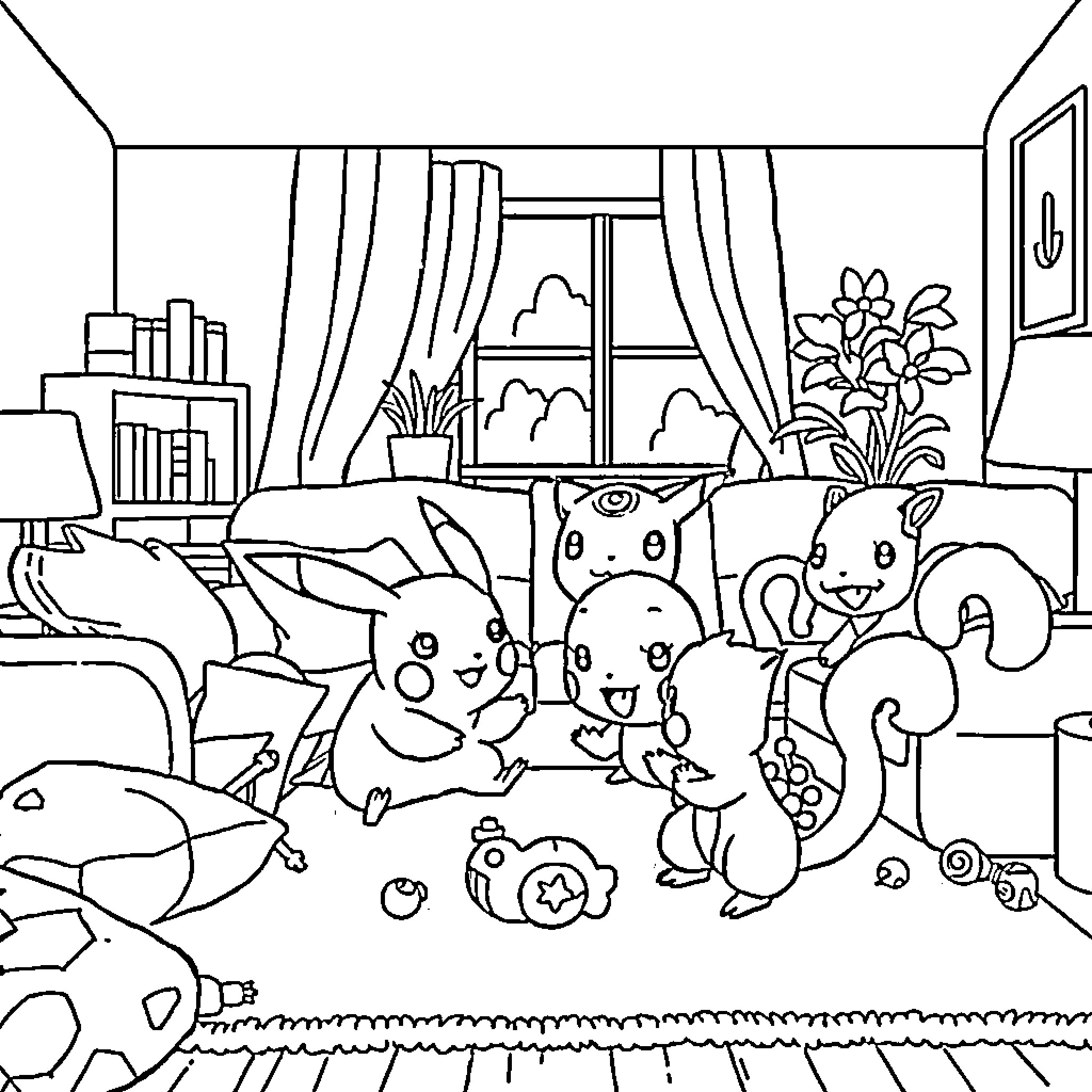 Pikachu and friends enjoying a cozy indoor gathering Coloring Page (free black-and-white line drawing printable PDF for all, from beginners to advanced learners, including children, teens, adults, and seniors)
