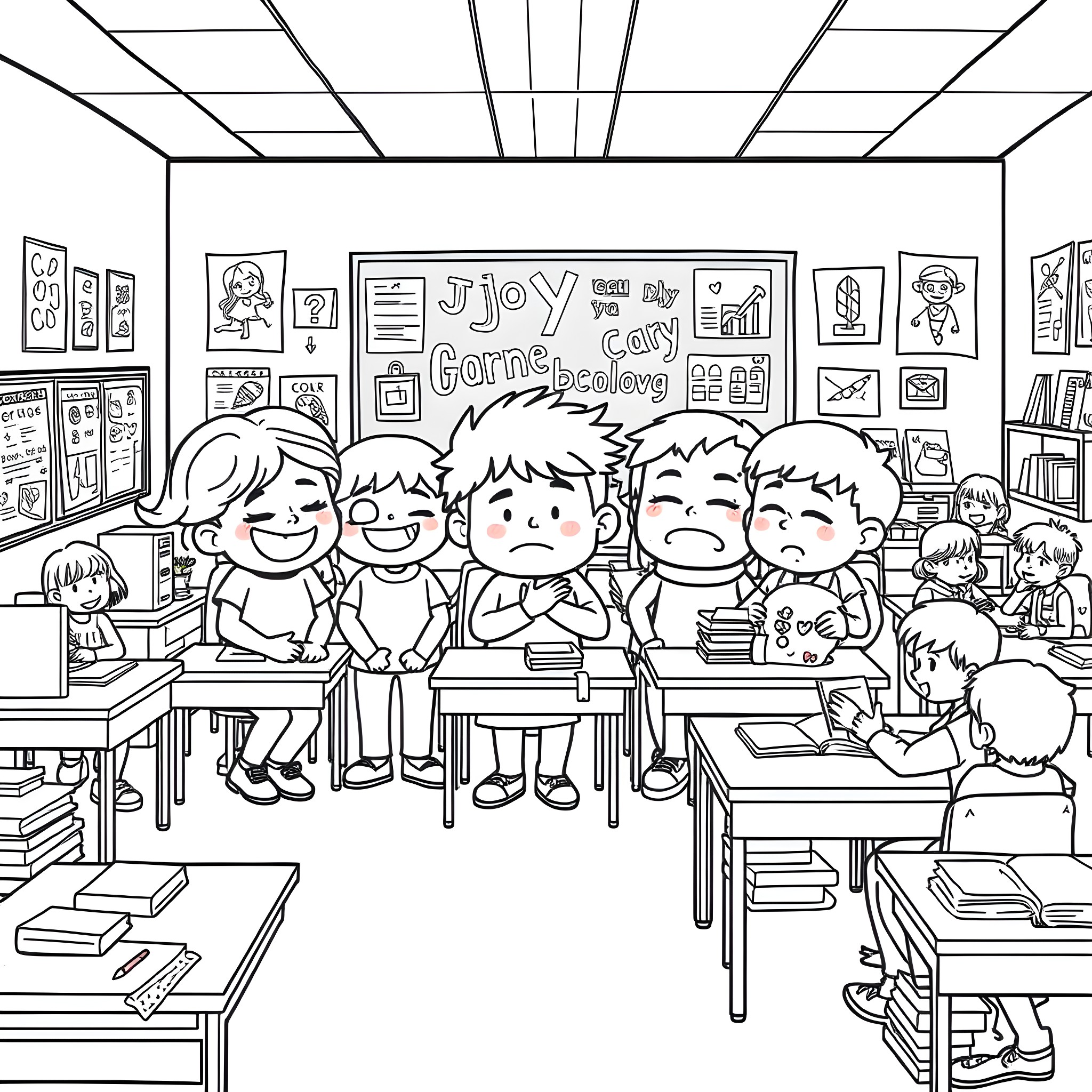 Inside Out 2: Students learning together in the classroom Coloring Page (free black-and-white line drawing printable PDF for all, from beginners to advanced learners, including children, teens, adults, and seniors)