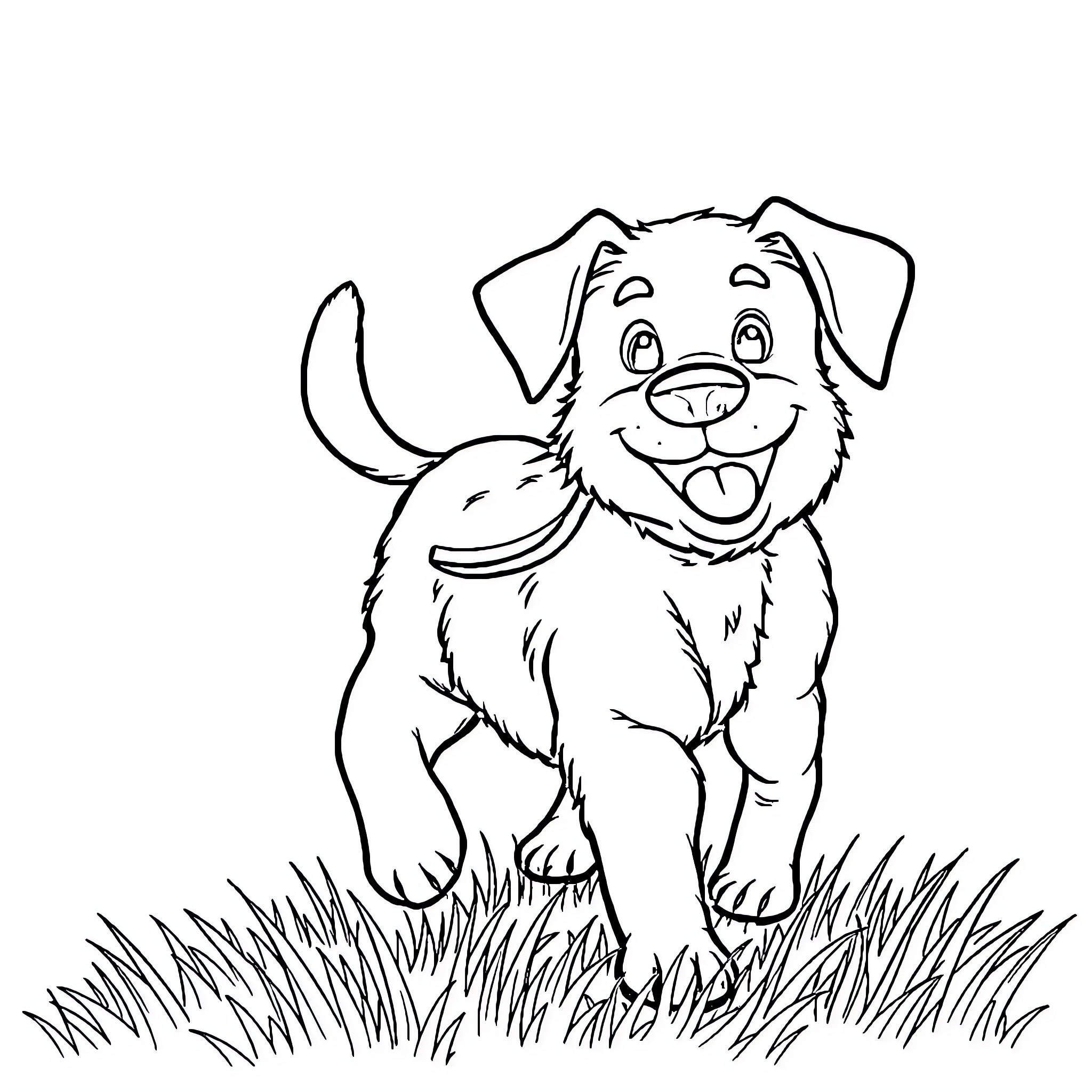 Dog playing happily in the grass Coloring Page (free black-and-white line drawing printable PDF for all, from beginners to advanced learners, including children, teens, adults, and seniors)