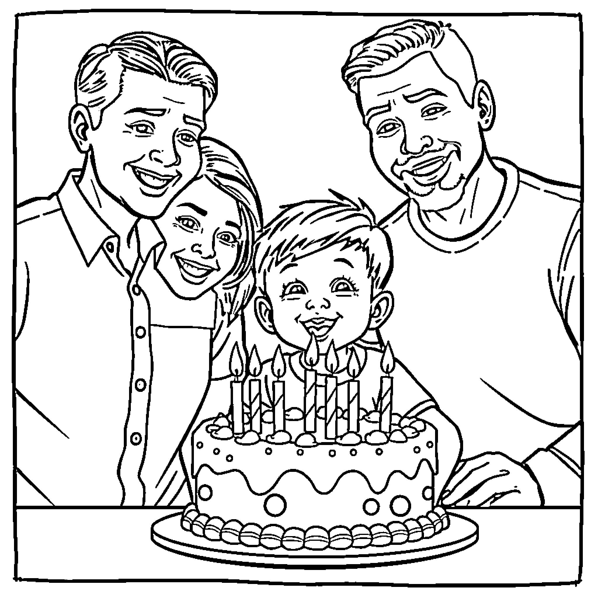 Boy celebrating birthday with family Coloring Page (free black-and-white line drawing printable PDF for all, from beginners to advanced learners, including children, teens, adults, and seniors)