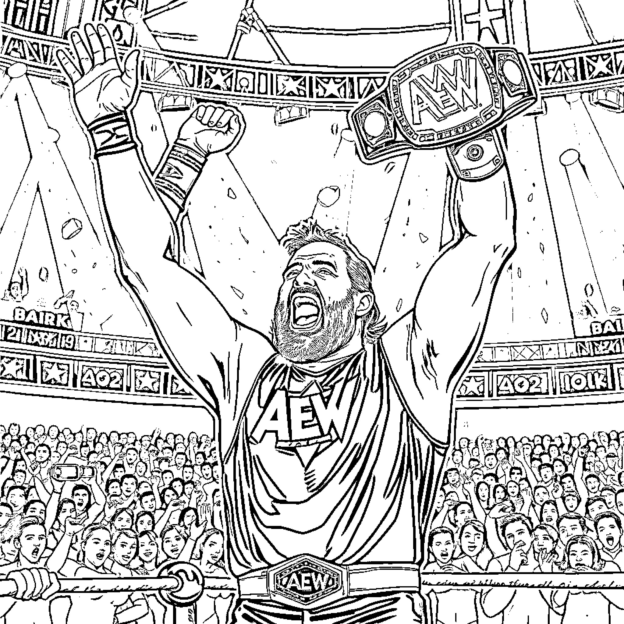 John Silver's Triumphant Celebration in the Wrestling Ring Coloring Page (free black-and-white line drawing printable PDF for all, from beginners to advanced learners, including children, teens, adults, and seniors)
