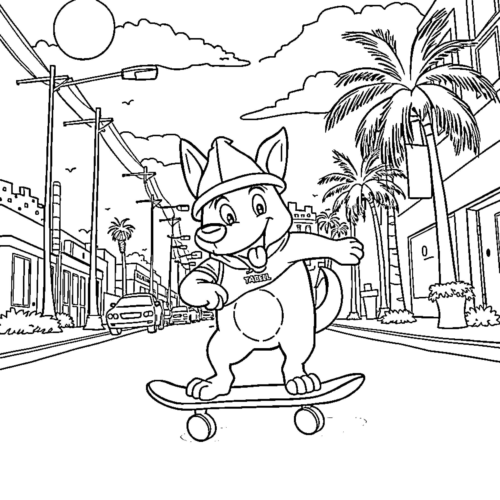 Taco Bell Dog enjoying skateboarding in the city Coloring Page (free black-and-white line drawing printable PDF for all, from beginners to advanced learners, including children, teens, adults, and seniors)