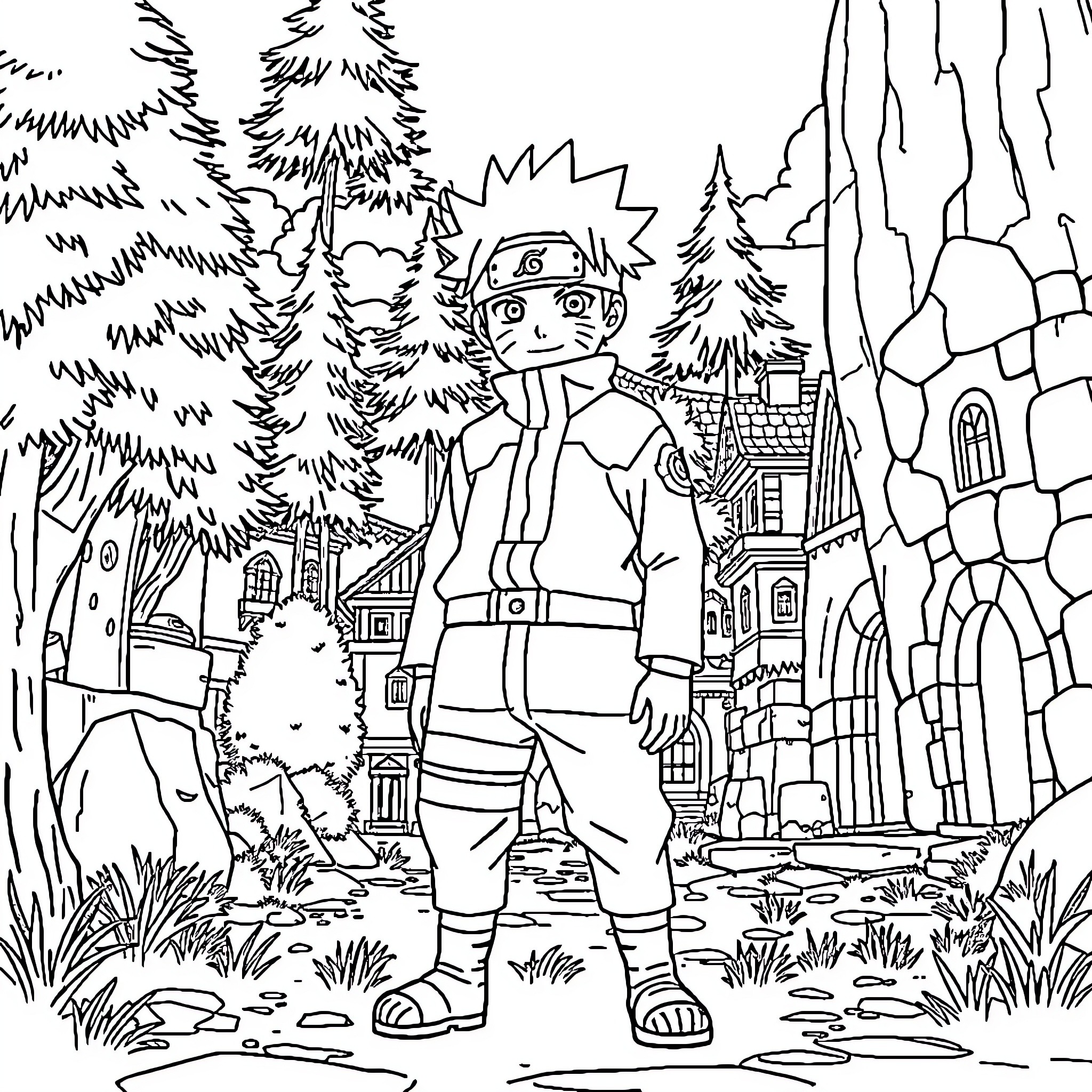 Naruto exploring the scenic ninja village Coloring Page (free black-and-white line drawing printable PDF for all, from beginners to advanced learners, including children, teens, adults, and seniors)
