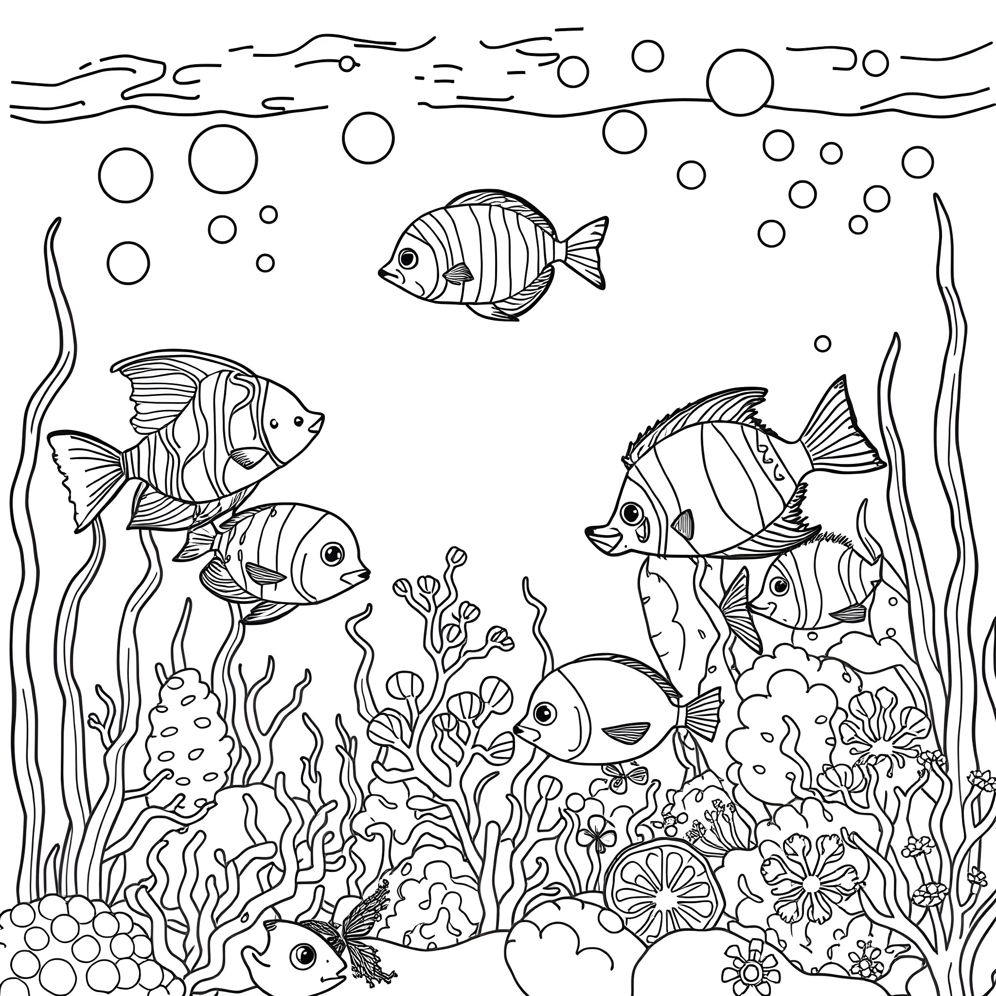 Fish swimming in an underwater garden Coloring Page (free black-and-white line drawing printable PDF for all, from beginners to advanced learners, including children, teens, adults, and seniors)