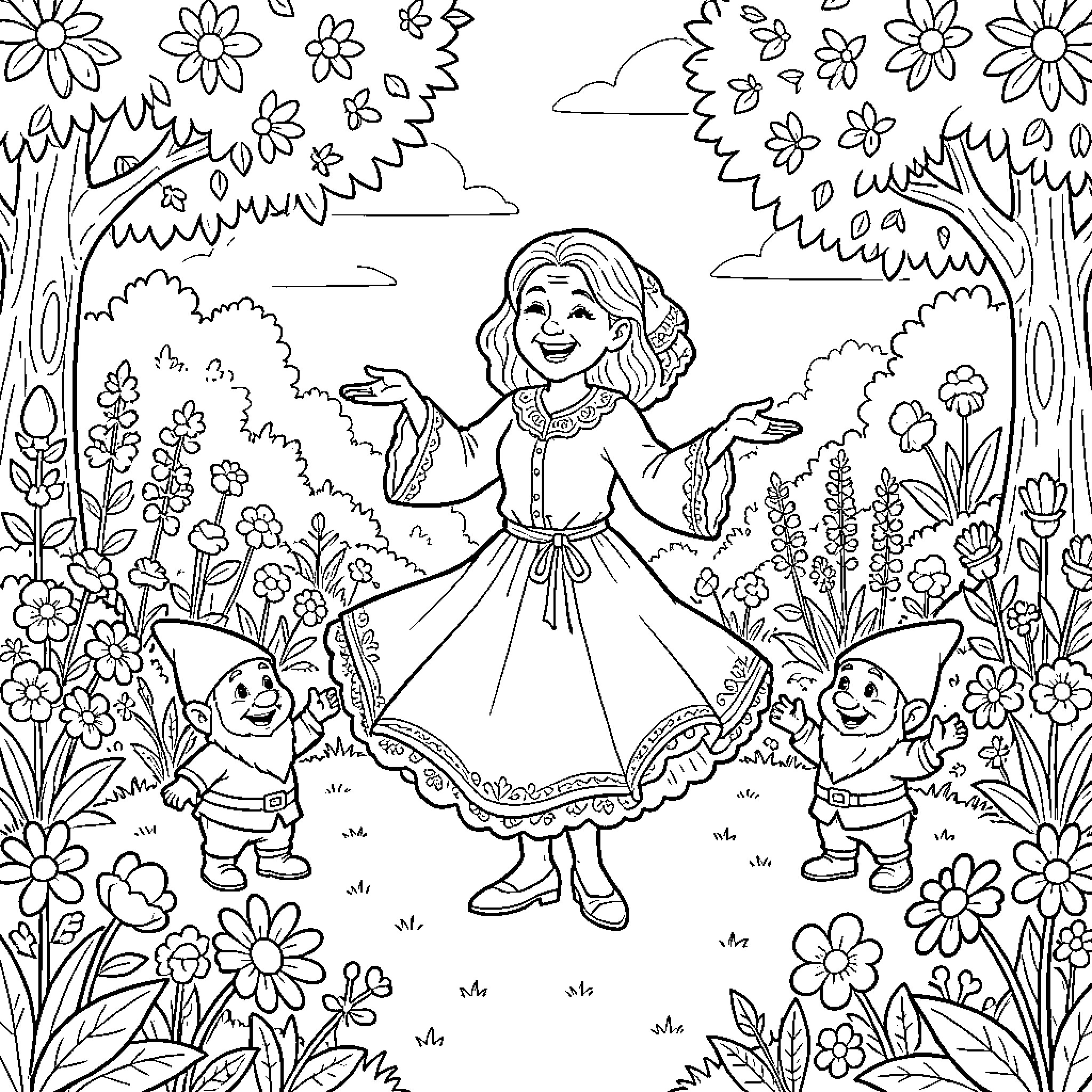 Abuela playing with grandchildren in a flowery garden Coloring Page (free black-and-white line drawing printable PDF for all, from beginners to advanced learners, including children, teens, adults, and seniors)