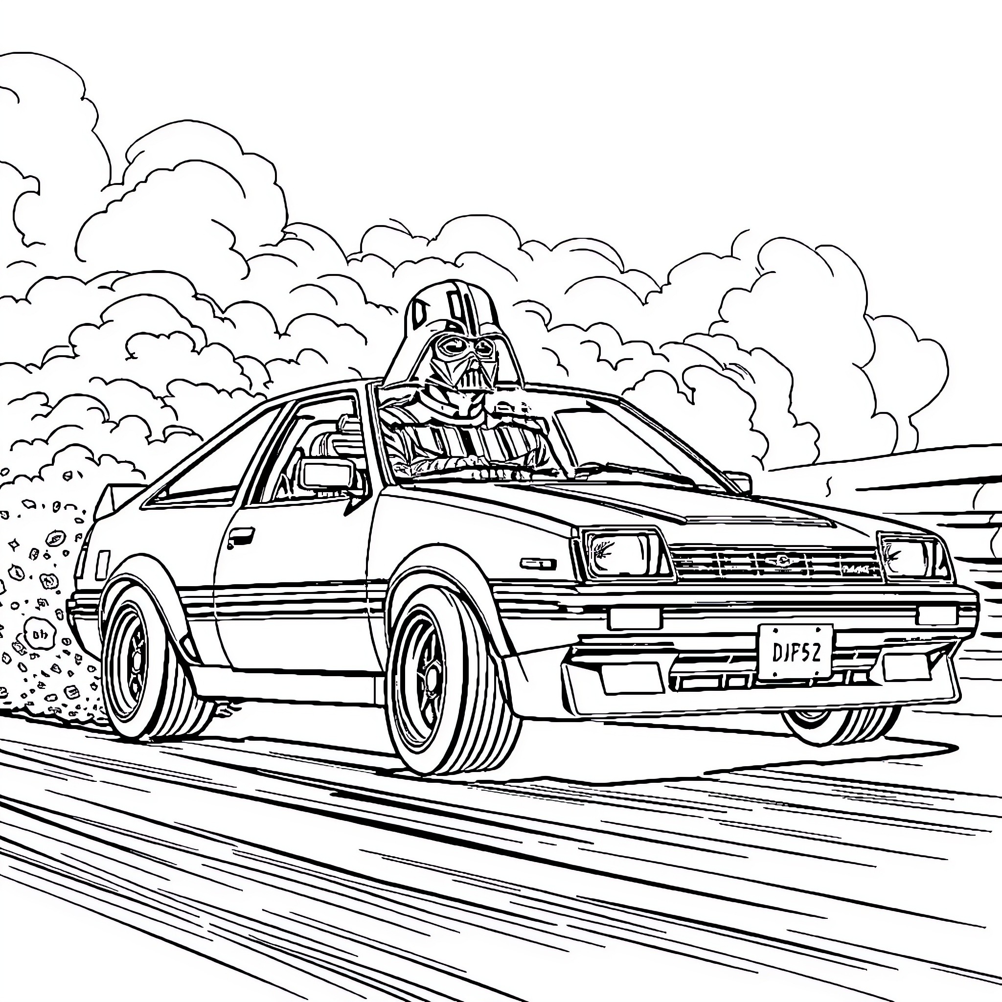 Darth Vader driving a speeding vehicle through the clouds Coloring Page (free black-and-white line drawing printable PDF for all, from beginners to advanced learners, including children, teens, adults, and seniors)