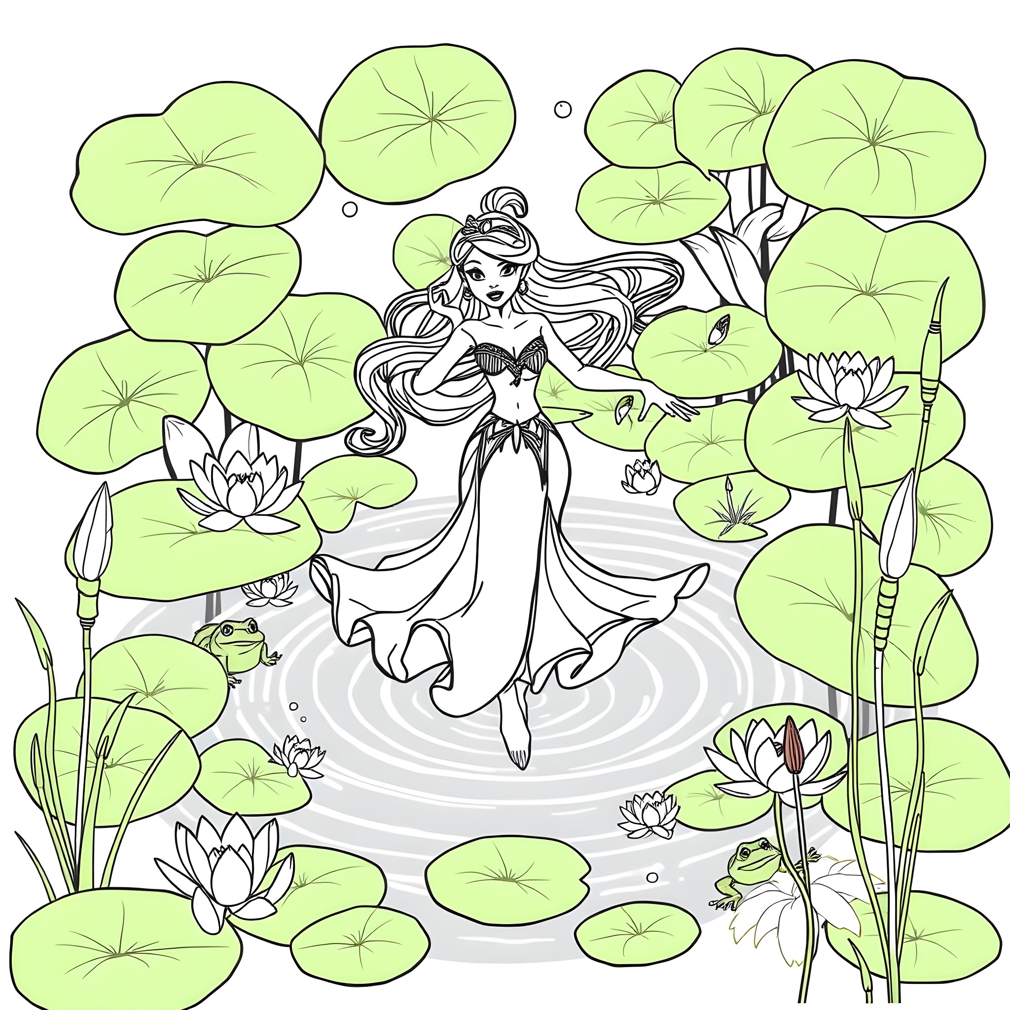 Tiana dancing gracefully in a lily pond Coloring Page (free black-and-white line drawing printable PDF for all, from beginners to advanced learners, including children, teens, adults, and seniors)