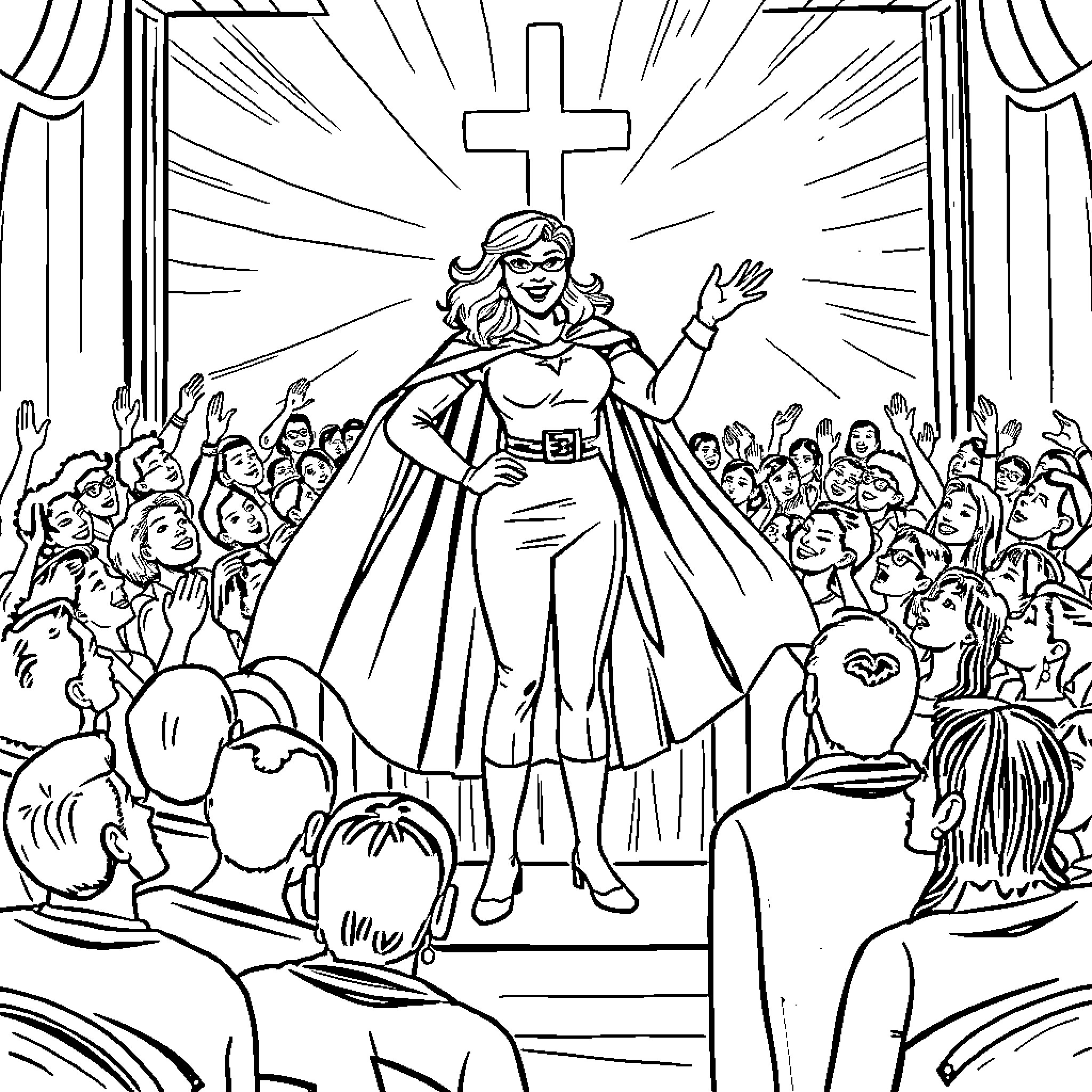 Superhero Preaches to Worshipful Crowd in Church Coloring Page (free black-and-white line drawing printable PDF for all, from beginners to advanced learners, including children, teens, adults, and seniors)