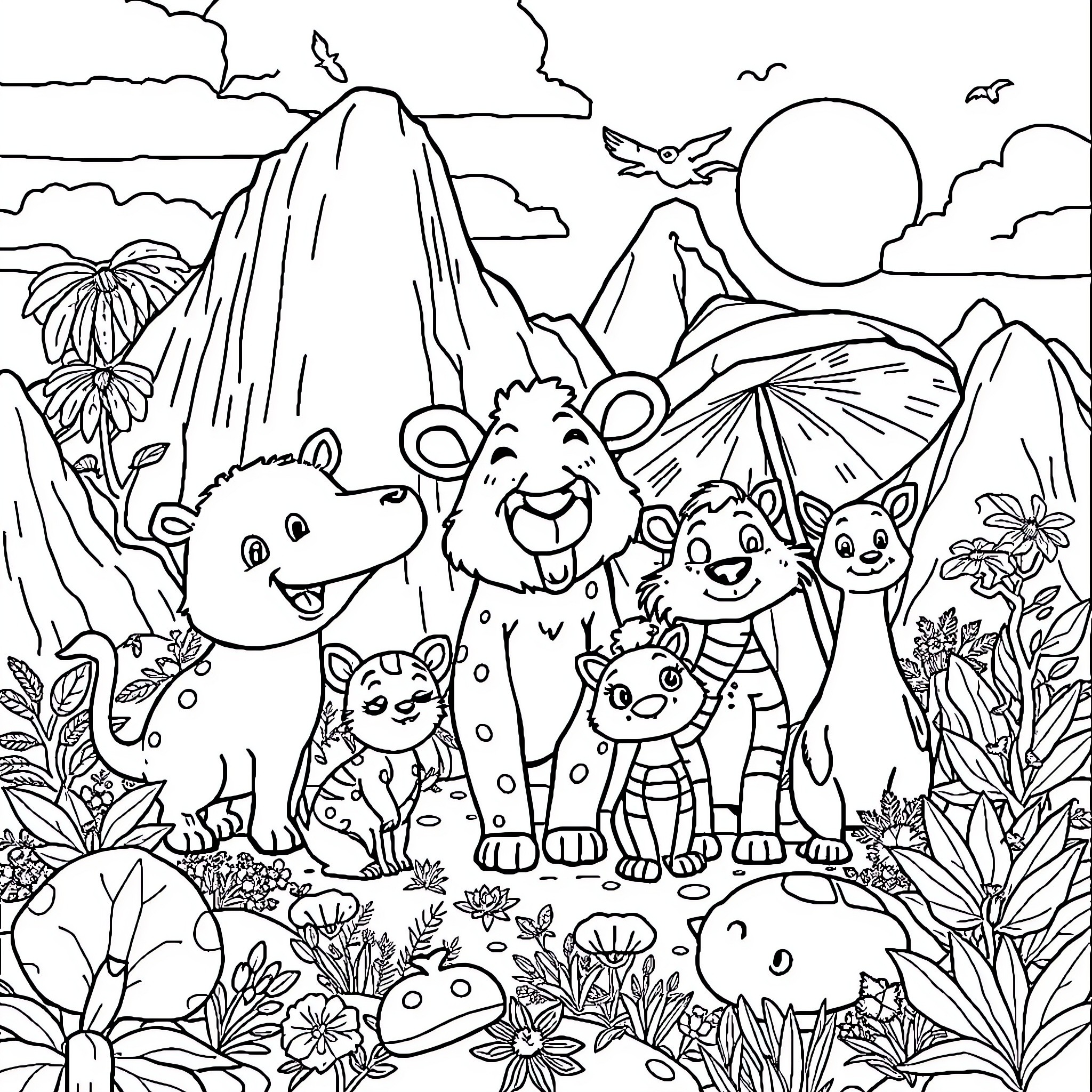 Animated Animals Exploring Tropical Jungle Landscape Coloring Page (free black-and-white line drawing printable PDF for all, from beginners to advanced learners, including children, teens, adults, and seniors)