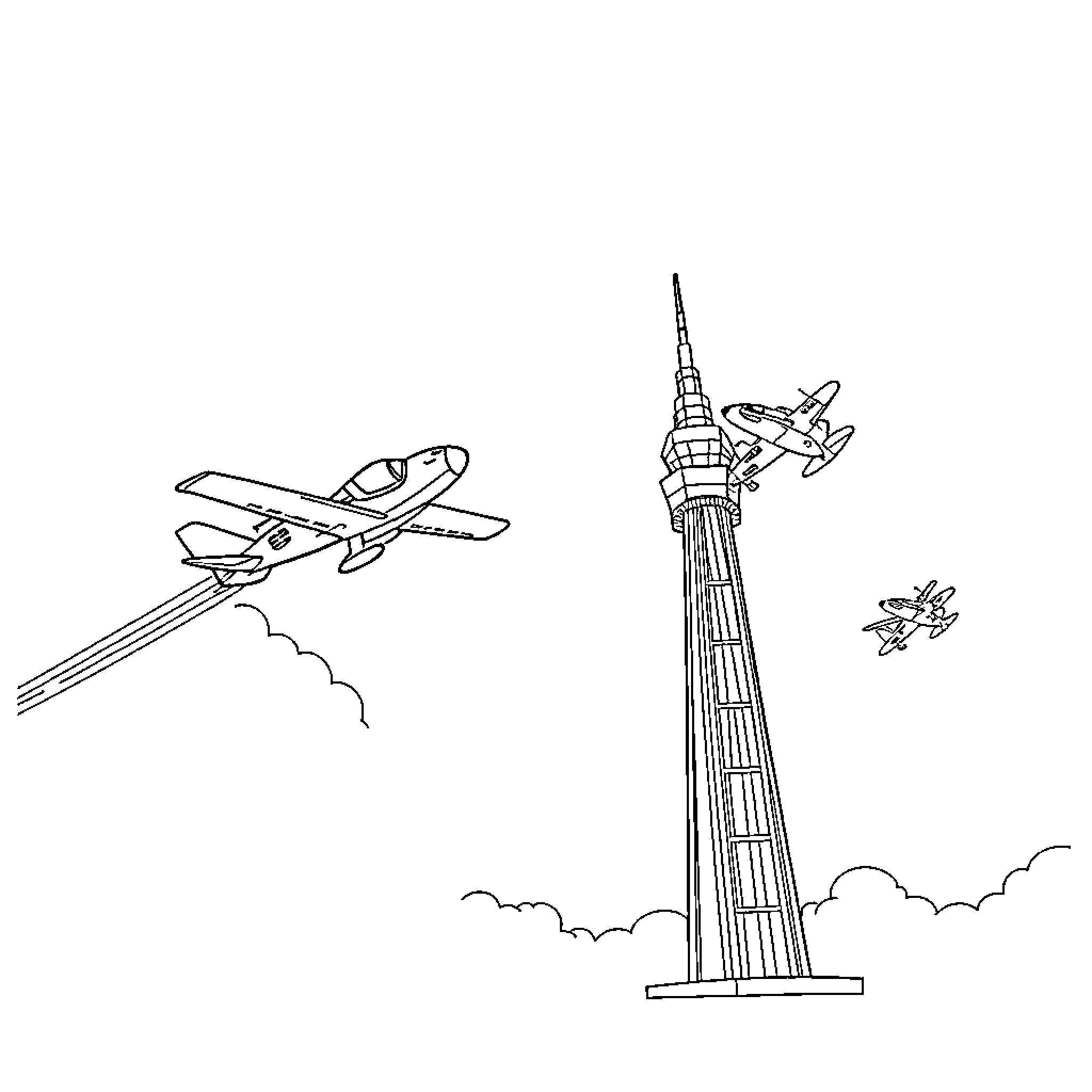 Plane flying near futuristic tower Coloring Page (free black-and-white line drawing printable PDF for all, from beginners to advanced learners, including children, teens, adults, and seniors)
