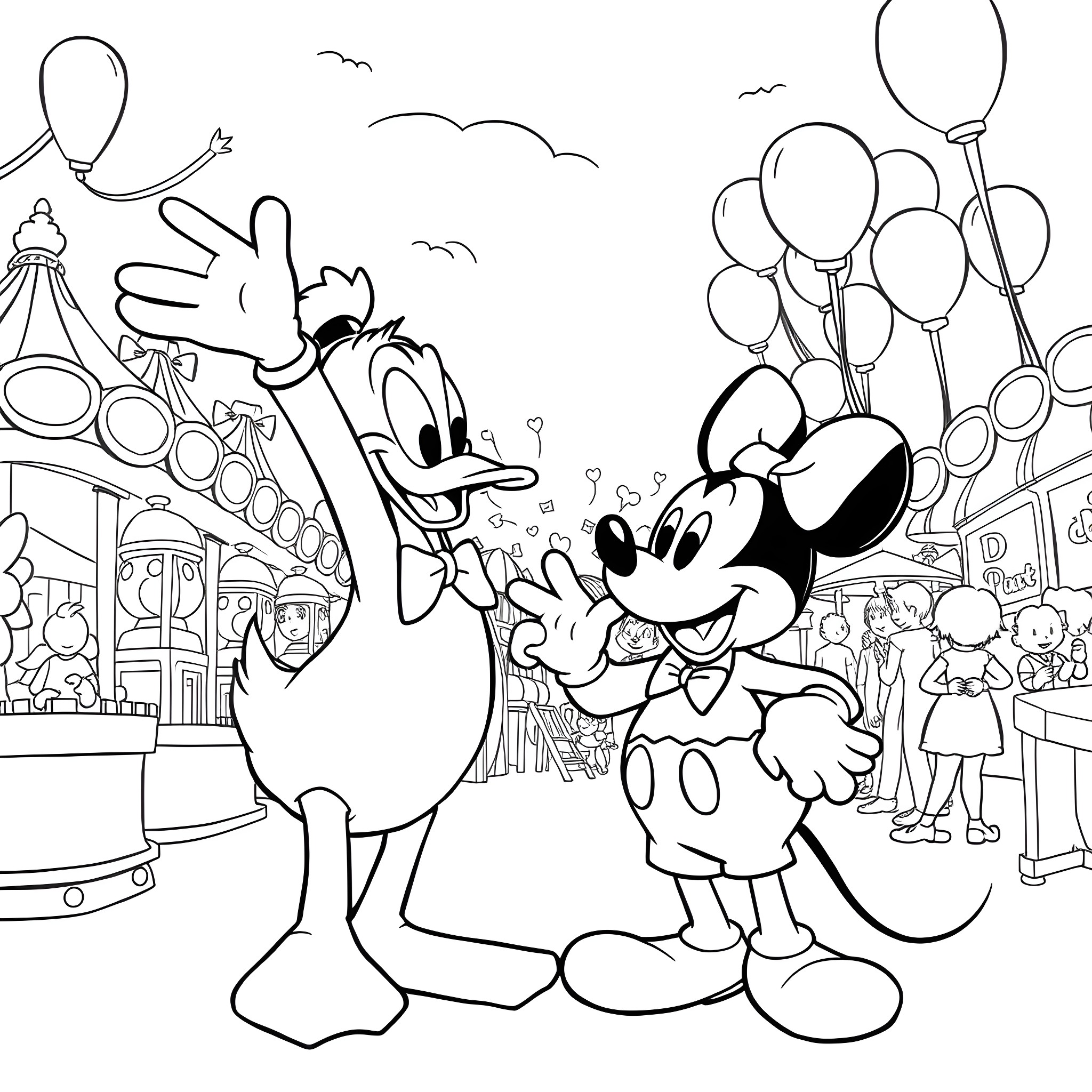 Donald Duck and Mickey Mouse at the carnival Coloring Page (free black-and-white line drawing printable PDF for all, from beginners to advanced learners, including children, teens, adults, and seniors)