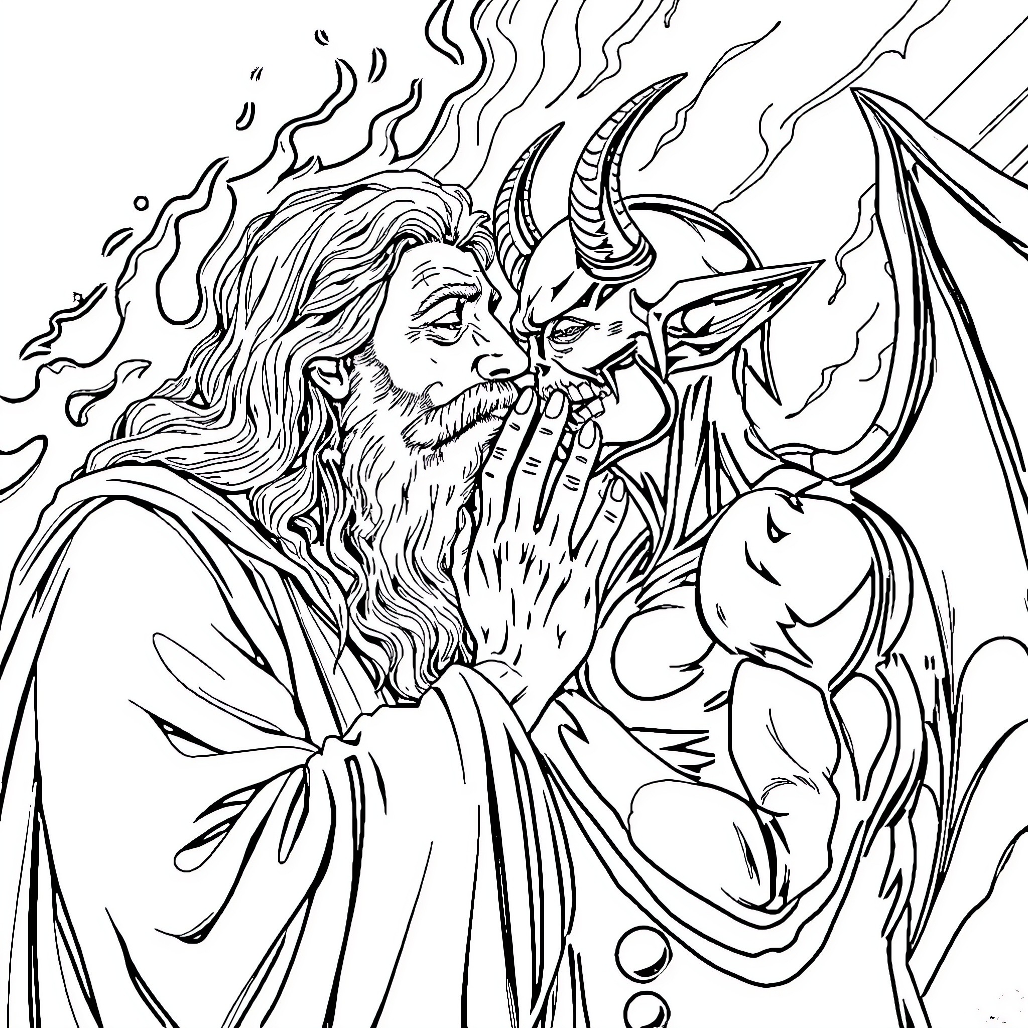 God's Epic Confrontation with Demonic Entities Coloring Page (free black-and-white line drawing printable PDF for all, from beginners to advanced learners, including children, teens, adults, and seniors)