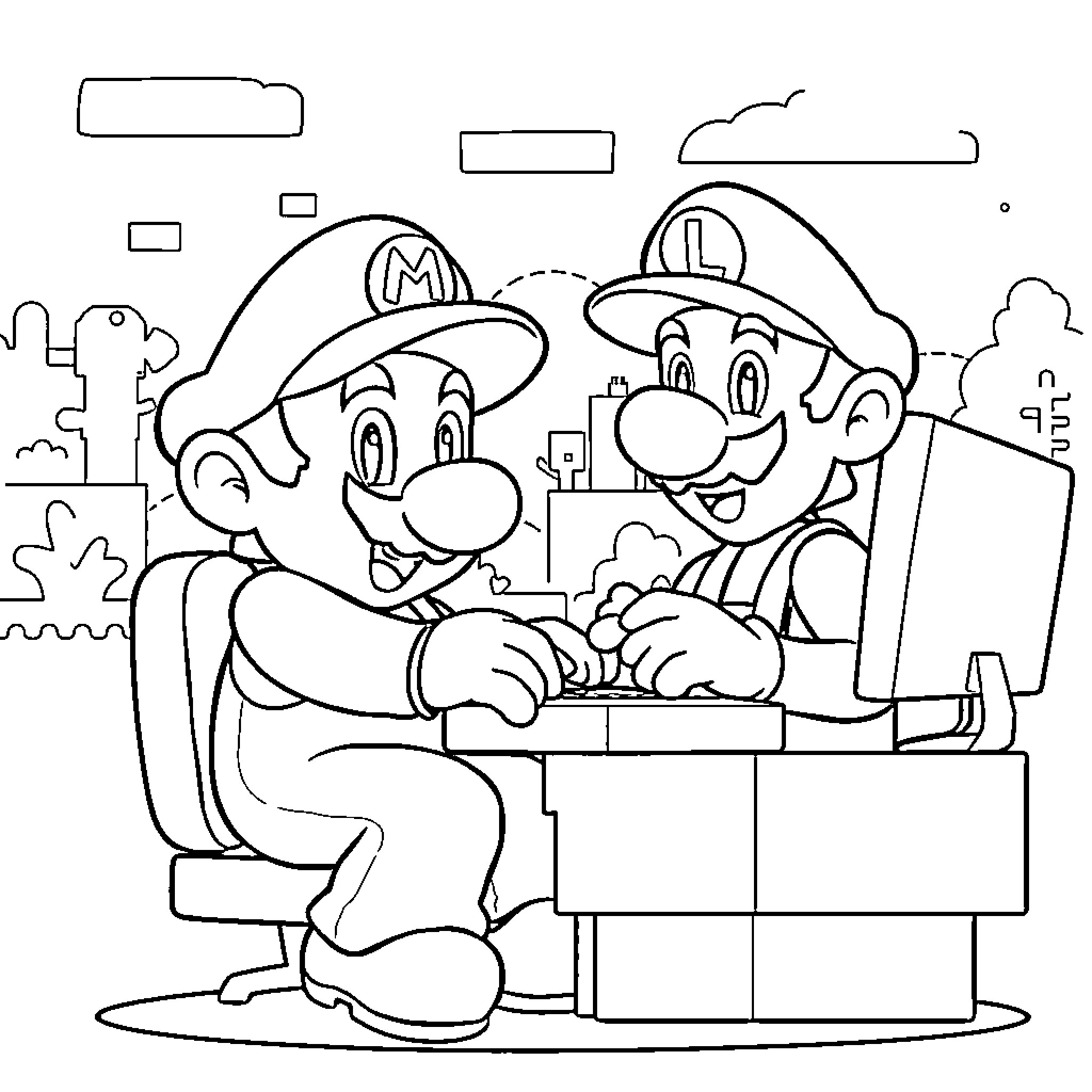 Mario and Luigi working together happily Coloring Page (free black-and-white line drawing printable PDF for all, from beginners to advanced learners, including children, teens, adults, and seniors)