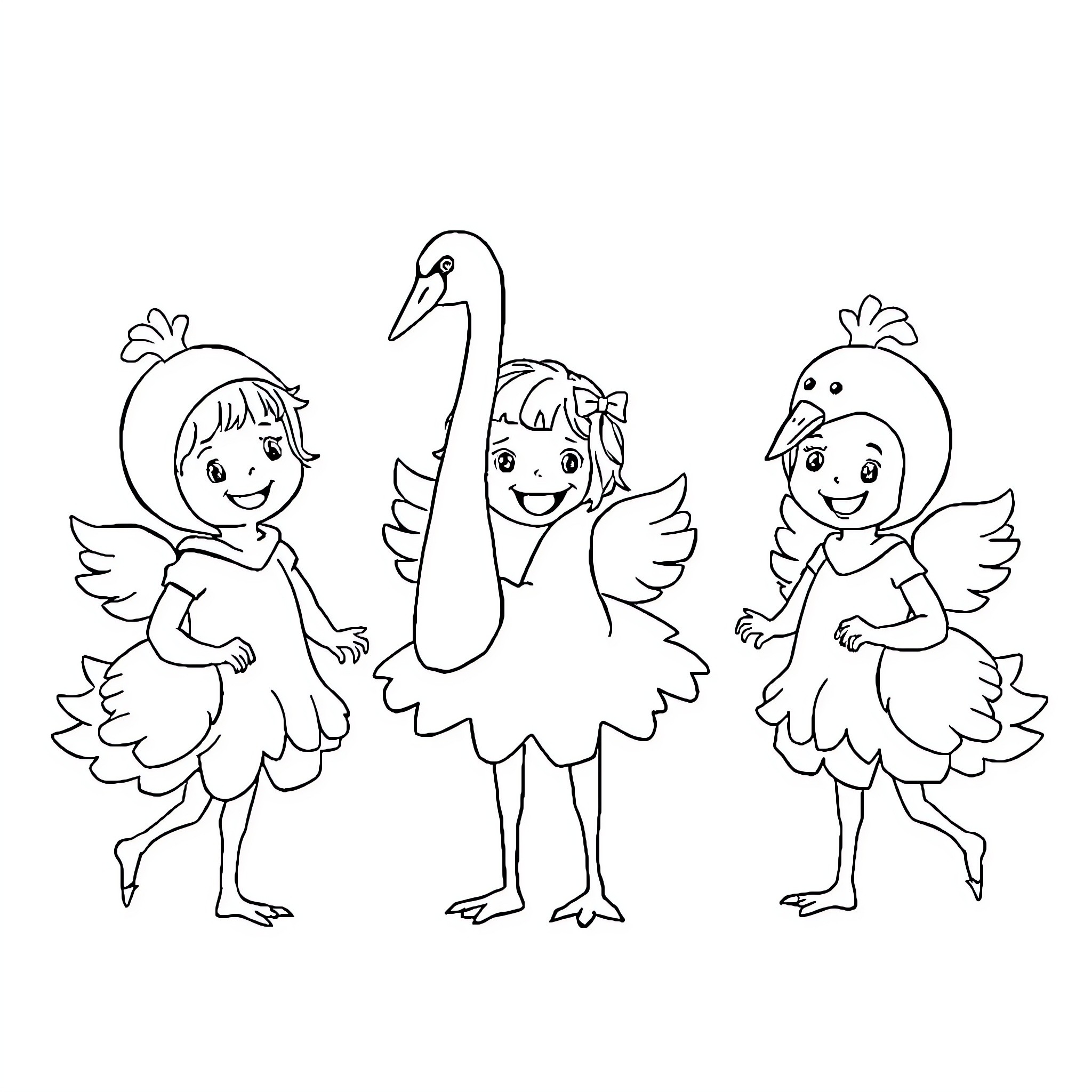 Swan-themed characters in playful poses Coloring Page (free black-and-white line drawing printable PDF for all, from beginners to advanced learners, including children, teens, adults, and seniors)