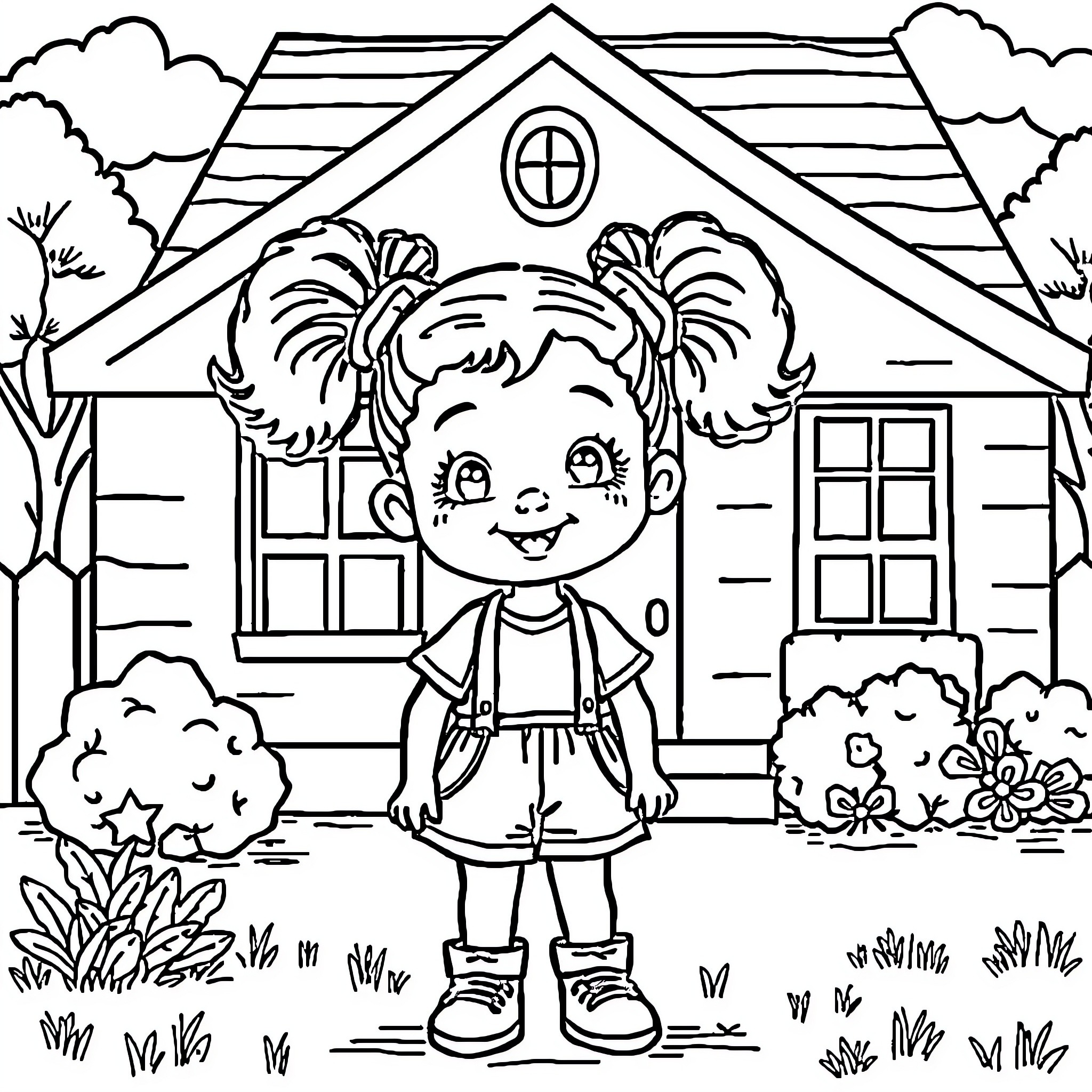 Girl Posing in Front of House with Garden Coloring Page (free black-and-white line drawing printable PDF for all, from beginners to advanced learners, including children, teens, adults, and seniors)