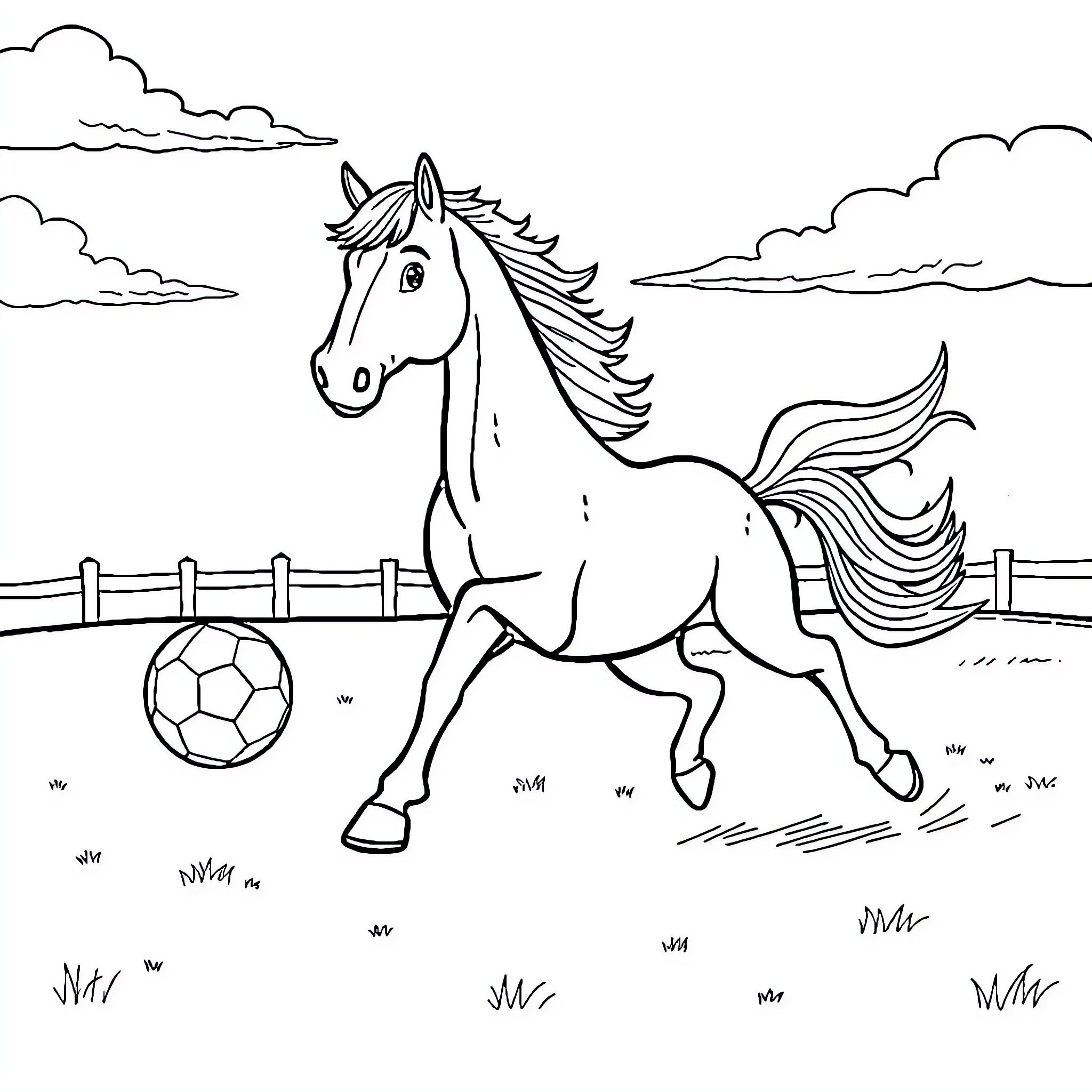 Horse playing with soccer ball in a field Coloring Page (free black-and-white line drawing printable PDF for all, from beginners to advanced learners, including children, teens, adults, and seniors)