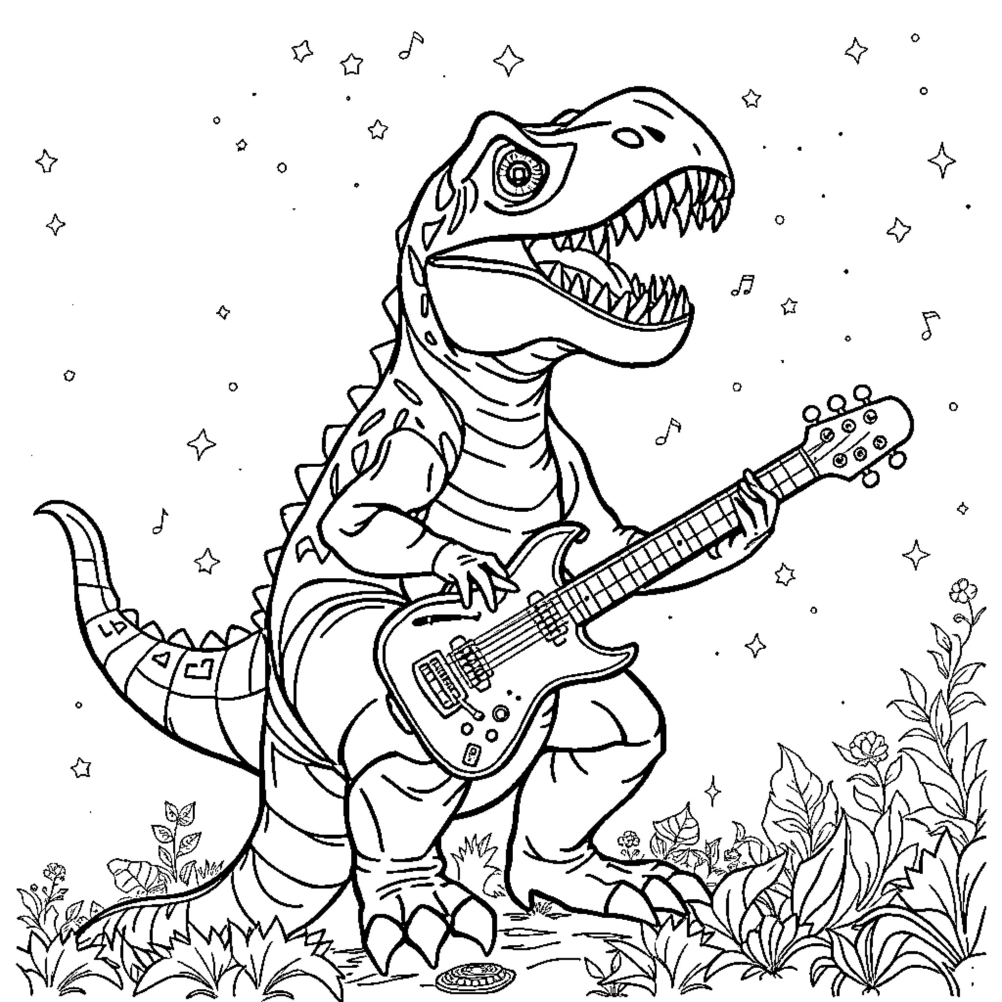 Dinosaur playing electric guitar in starry night Coloring Page (free black-and-white line drawing printable PDF for all, from beginners to advanced learners, including children, teens, adults, and seniors)