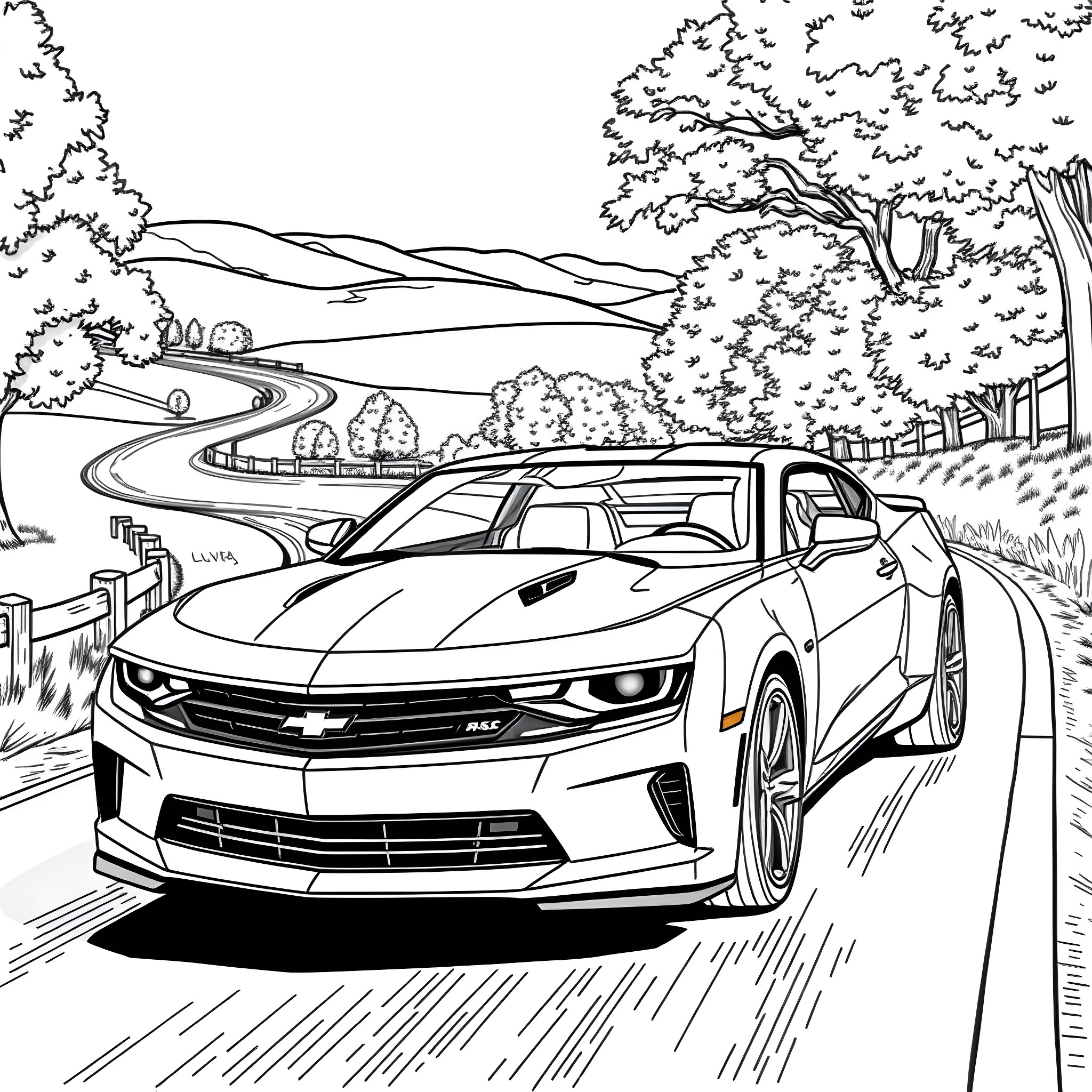 Camaro speeding through a scenic countryside Coloring Page (free black-and-white line drawing printable PDF for all, from beginners to advanced learners, including children, teens, adults, and seniors)