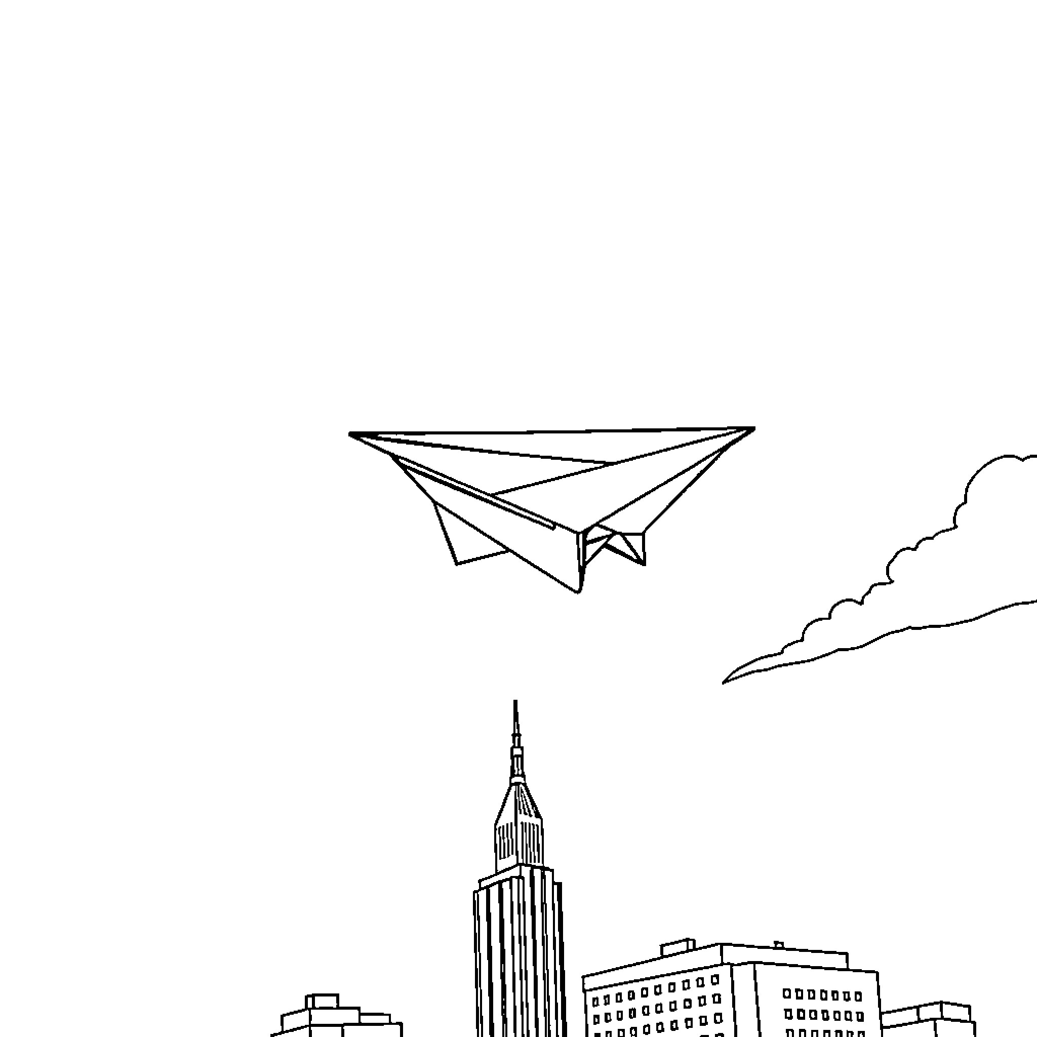 Paper Airplane Soaring over City Skyline Coloring Page (free black-and-white line drawing printable PDF for all, from beginners to advanced learners, including children, teens, adults, and seniors)