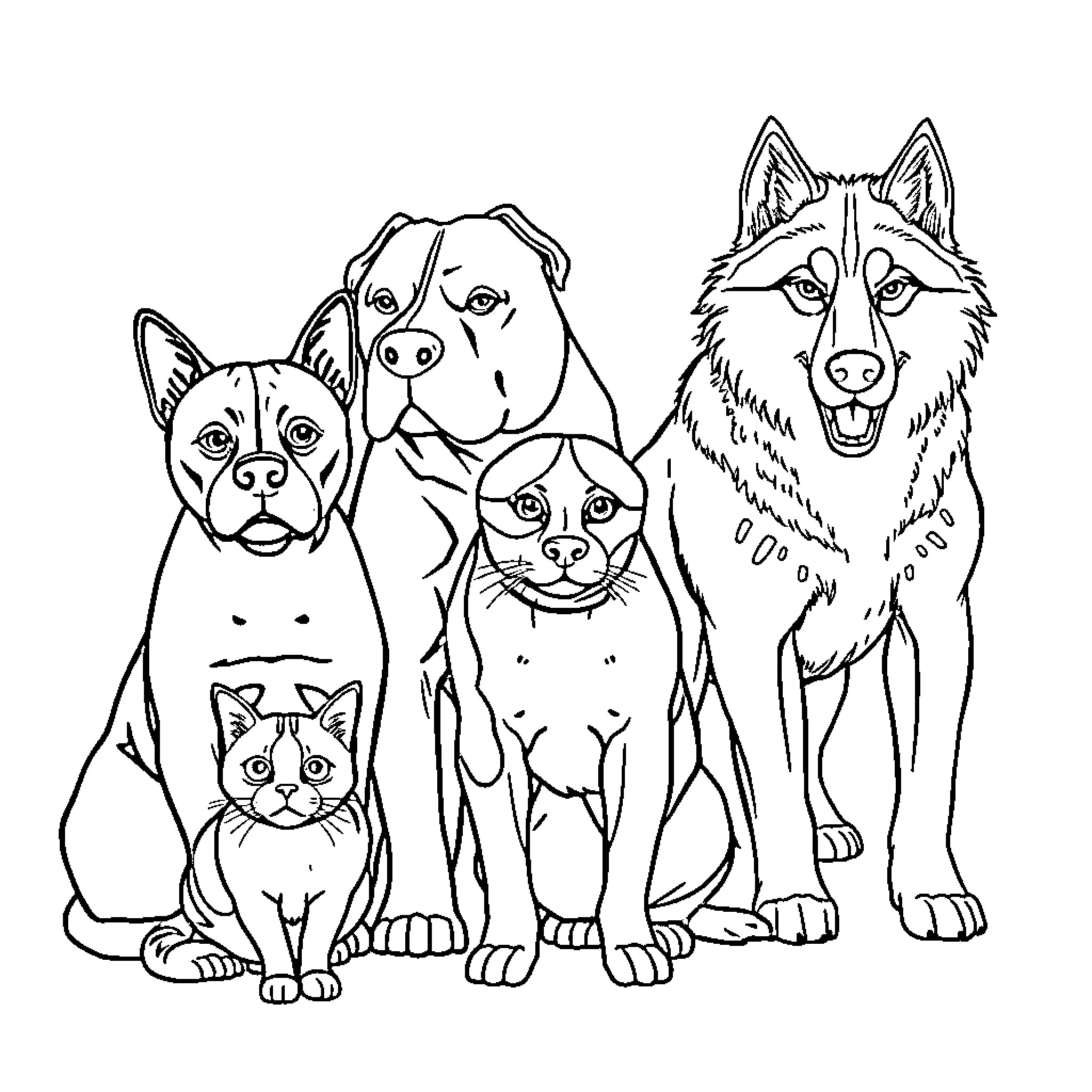 Cat and dog friends posing together Coloring Page (free black-and-white line drawing printable PDF for all, from beginners to advanced learners, including children, teens, adults, and seniors)