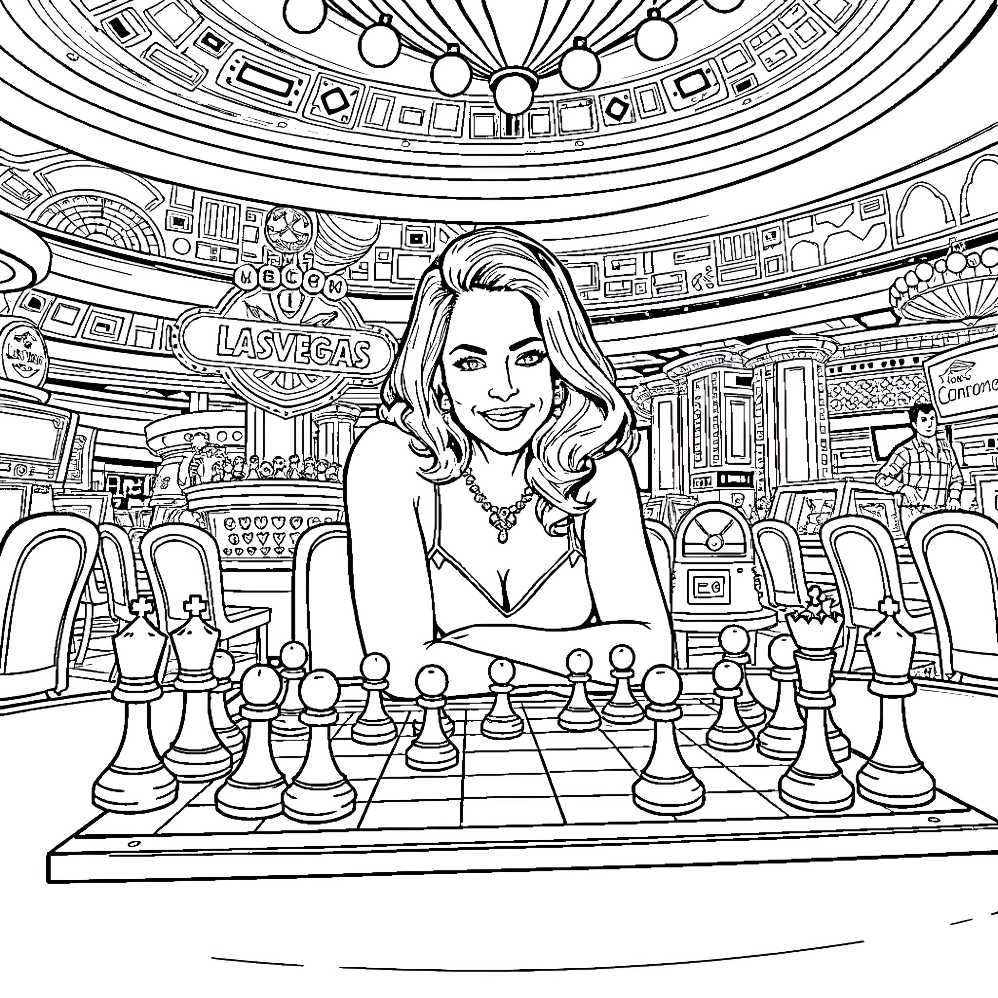 Mrs Rachel playing chess in a glamorous Las Vegas casino Coloring Page (free black-and-white line drawing printable PDF for all, from beginners to advanced learners, including children, teens, adults, and seniors)