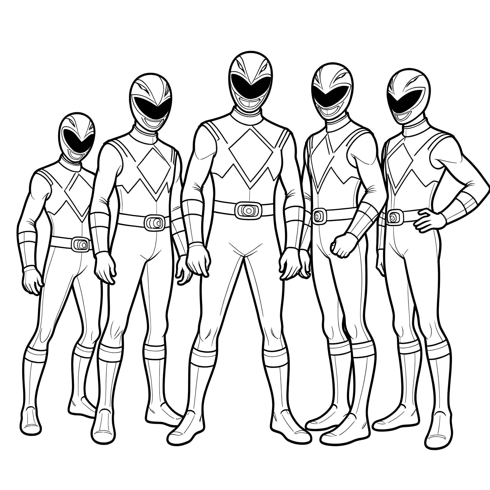 Power Rangers team in heroic poses Coloring Page (free black-and-white line drawing printable PDF for all, from beginners to advanced learners, including children, teens, adults, and seniors)