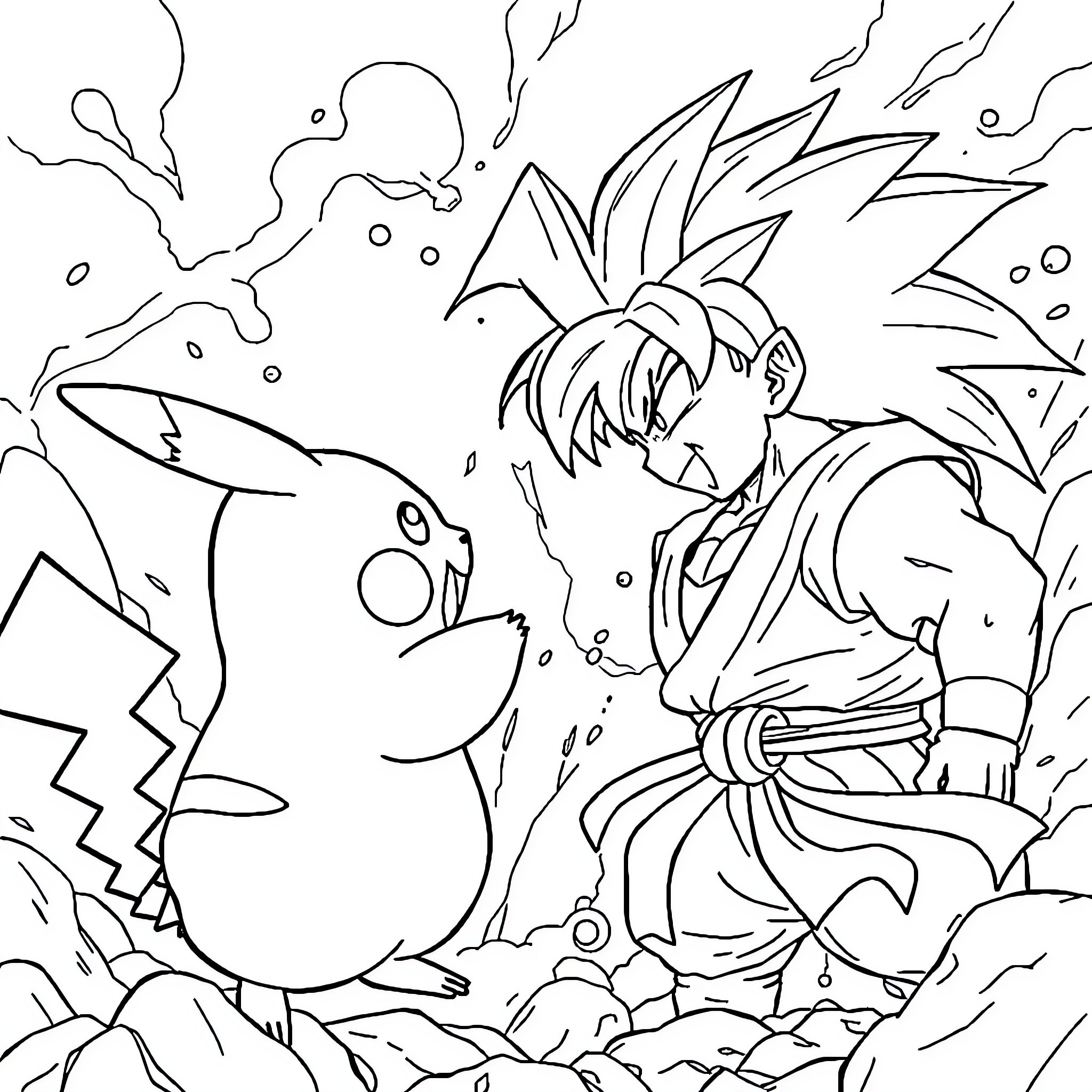 Pikachu and Saiyan Warrior in Epic Battle Coloring Page (free black-and-white line drawing printable PDF for all, from beginners to advanced learners, including children, teens, adults, and seniors)