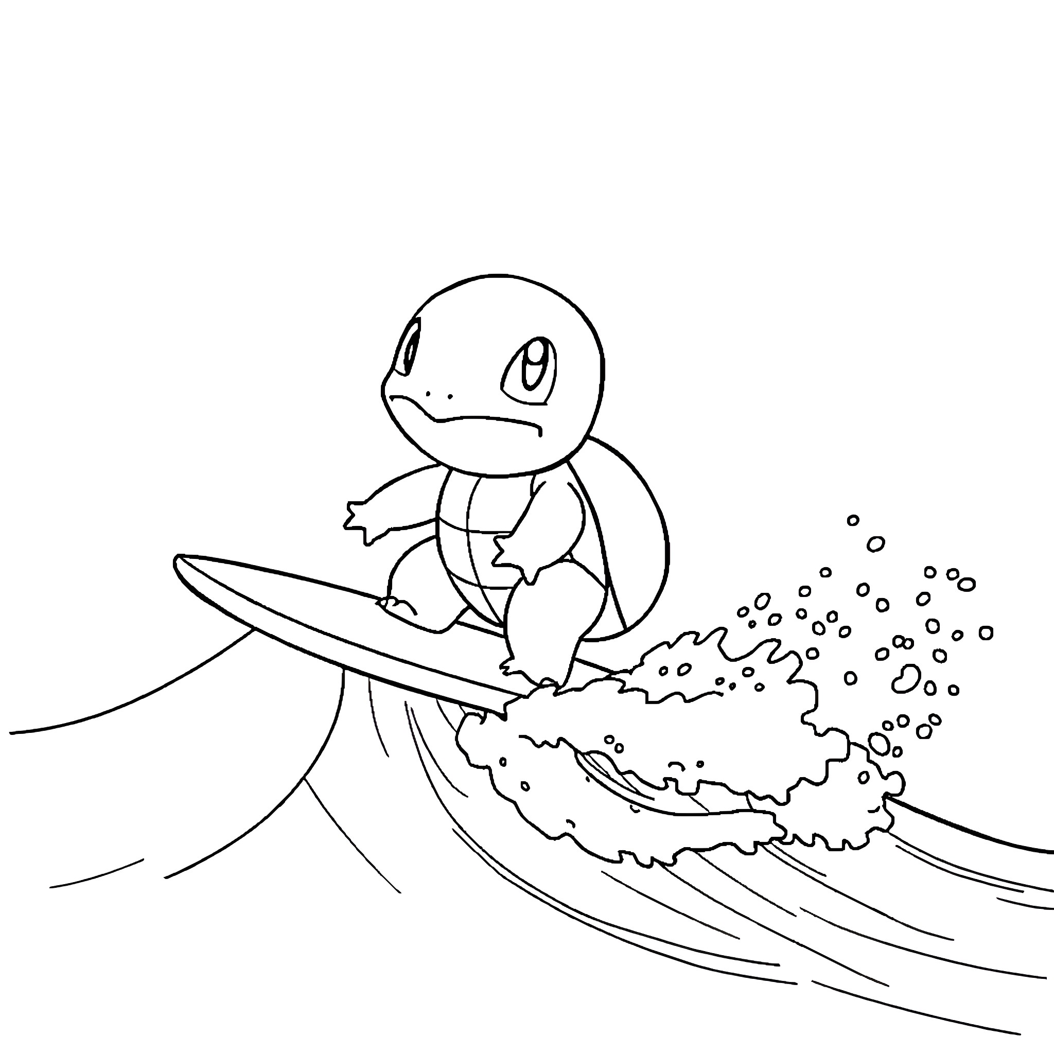 Squirtle surfing through the waves Coloring Page (free black-and-white line drawing printable PDF for all, from beginners to advanced learners, including children, teens, adults, and seniors)