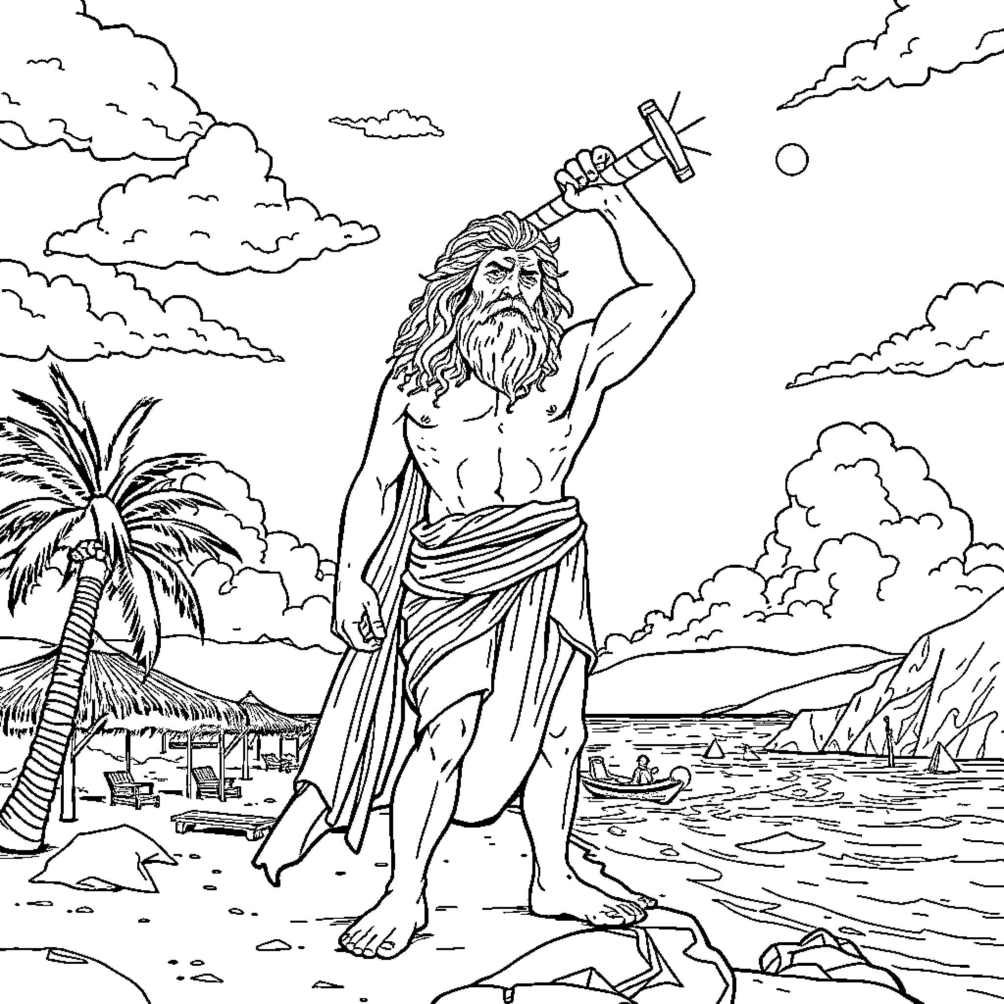 Atlas Holding the World on the Shores of Paradise Coloring Page (free black-and-white line drawing printable PDF for all, from beginners to advanced learners, including children, teens, adults, and seniors)