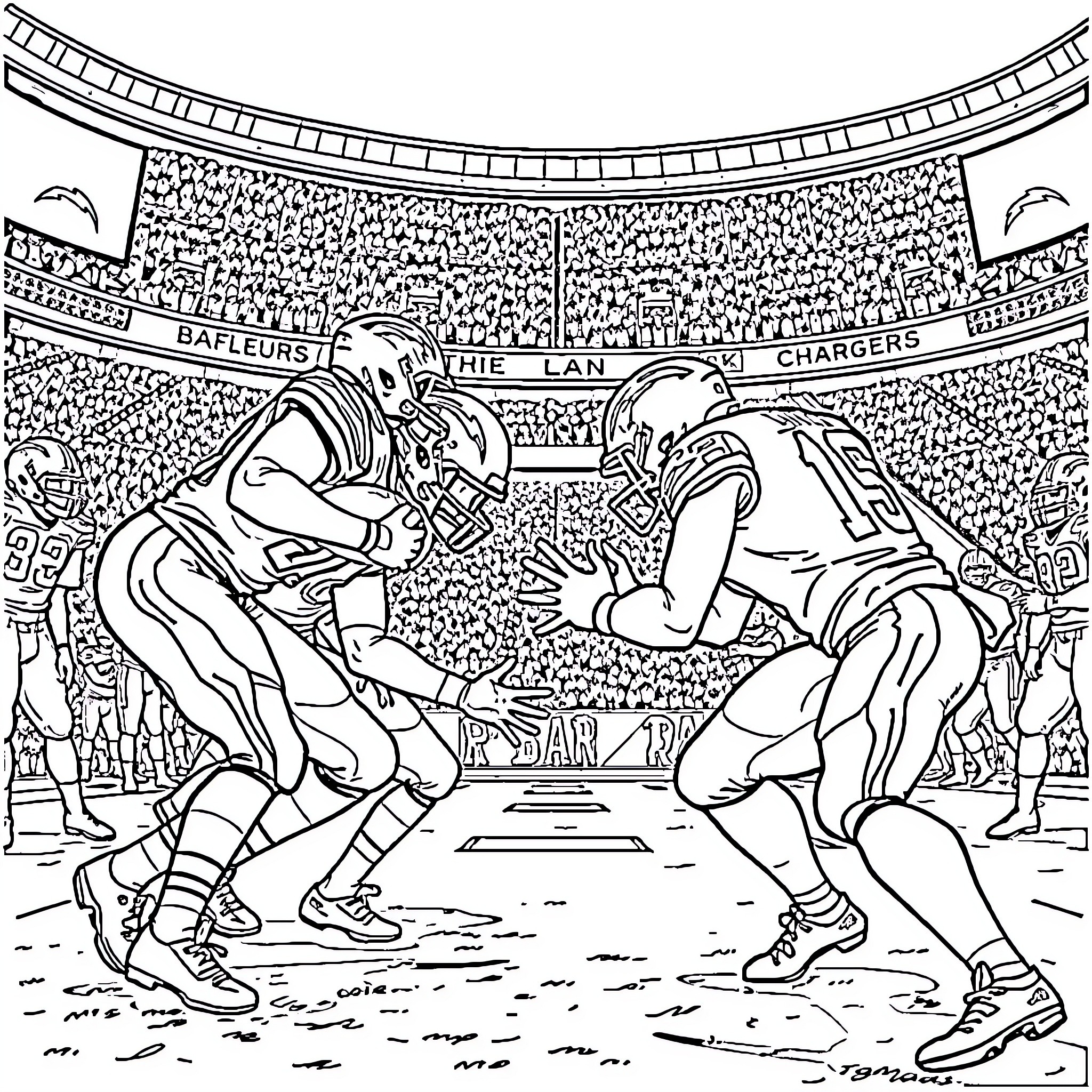 Football players in intense field match Coloring Page (free black-and-white line drawing printable PDF for all, from beginners to advanced learners, including children, teens, adults, and seniors)