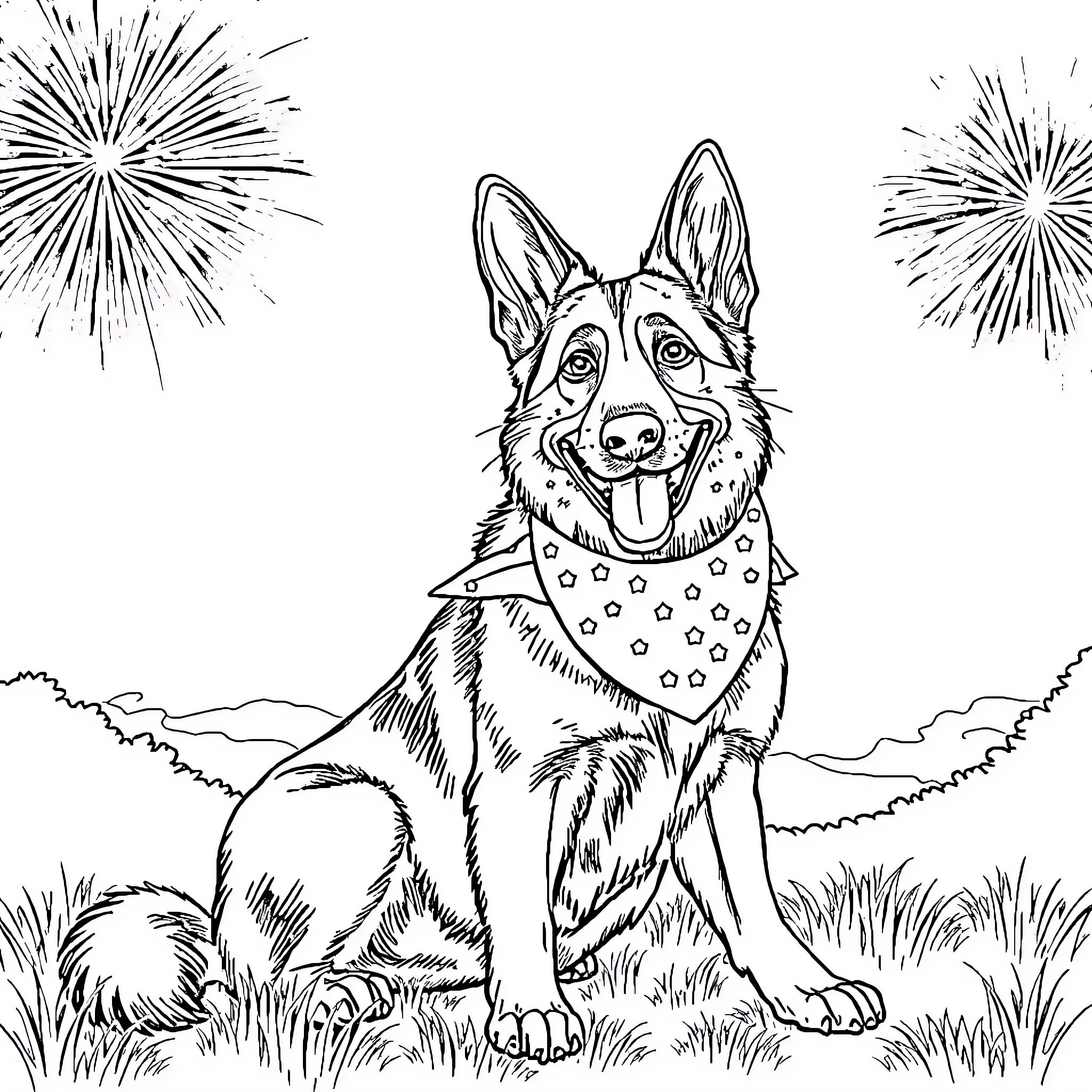 German Shepherd Enjoying Festive Fireworks Display Coloring Page (free black-and-white line drawing printable PDF for all, from beginners to advanced learners, including children, teens, adults, and seniors)