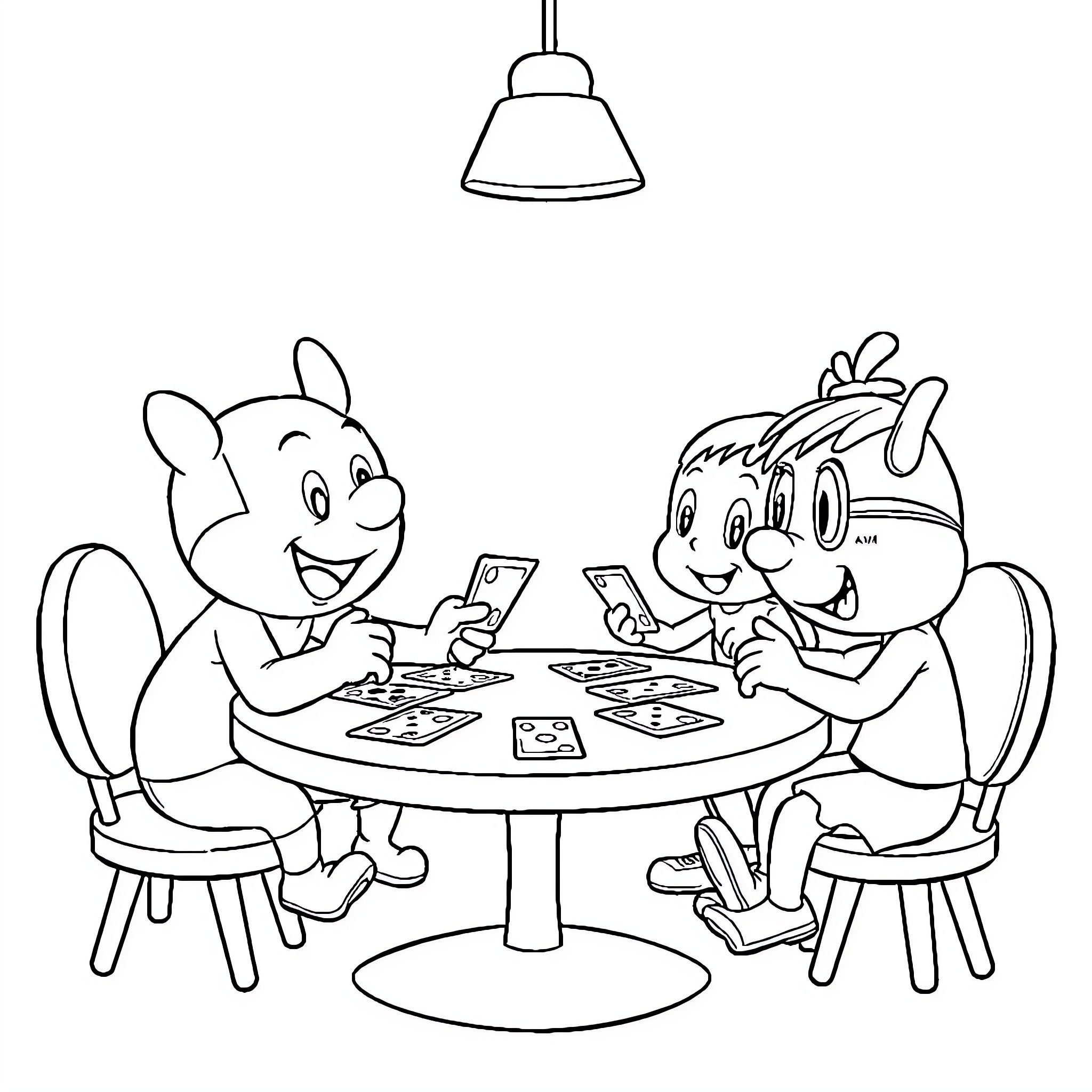 Minnie and friends playing card games together Coloring Page (free black-and-white line drawing printable PDF for all, from beginners to advanced learners, including children, teens, adults, and seniors)