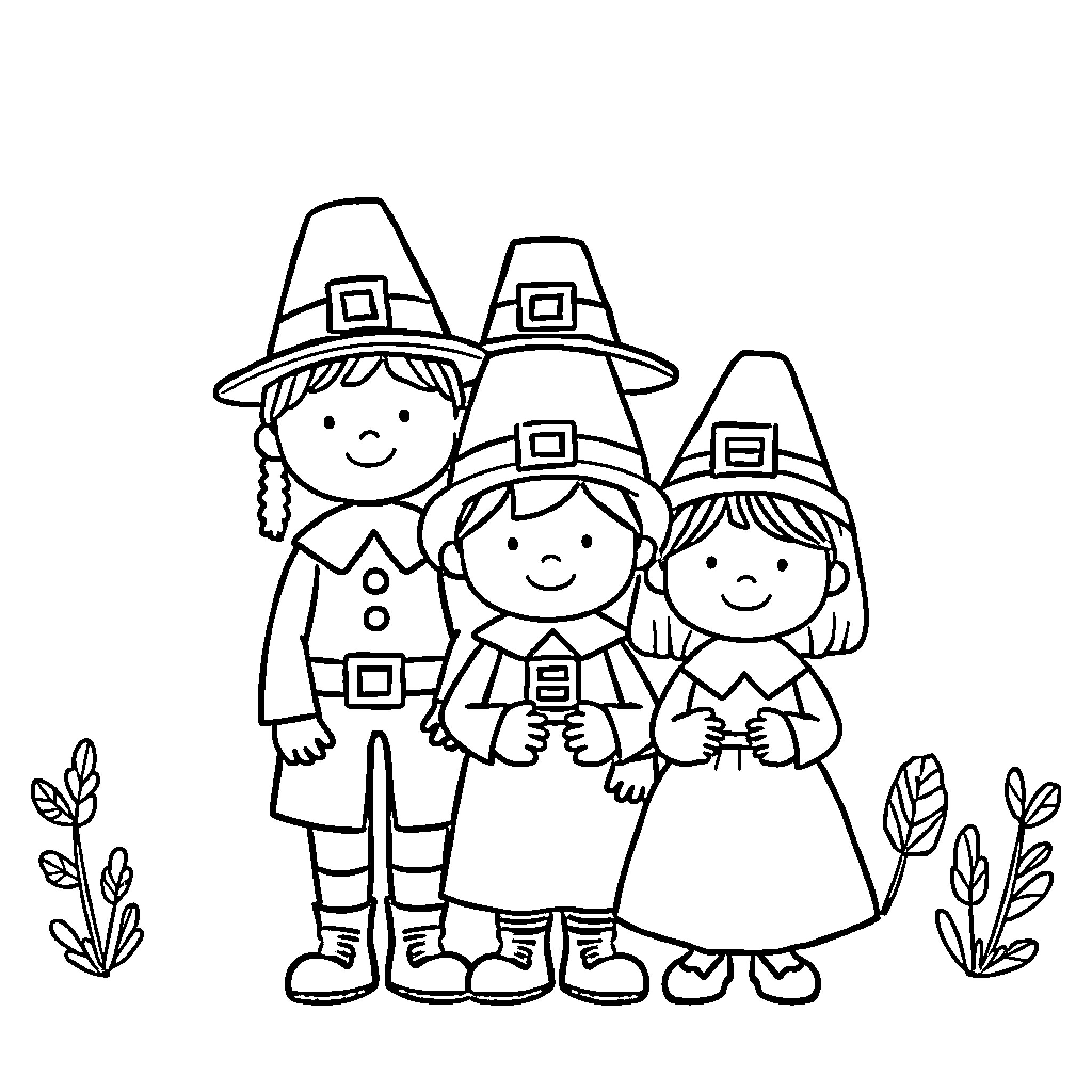 Pilgrim family celebrating in autumn Coloring Page (free black-and-white line drawing printable PDF for all, from beginners to advanced learners, including children, teens, adults, and seniors)