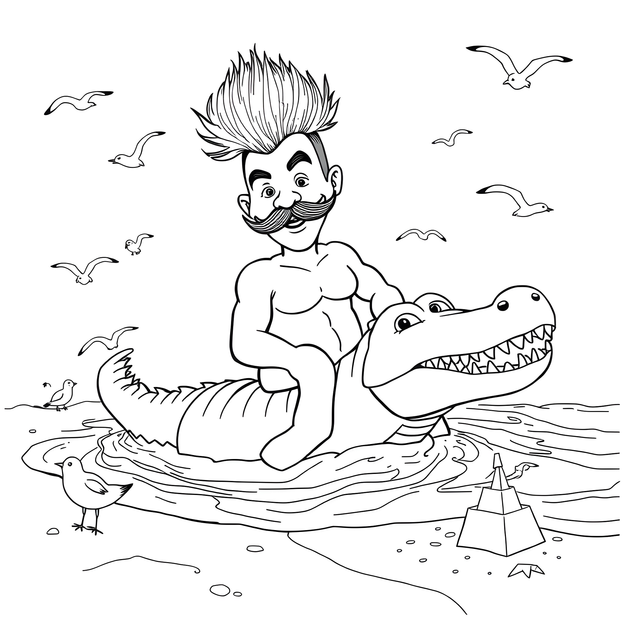 Man riding a crocodile with a mustache in the ocean Coloring Page (free black-and-white line drawing printable PDF for all, from beginners to advanced learners, including children, teens, adults, and seniors)