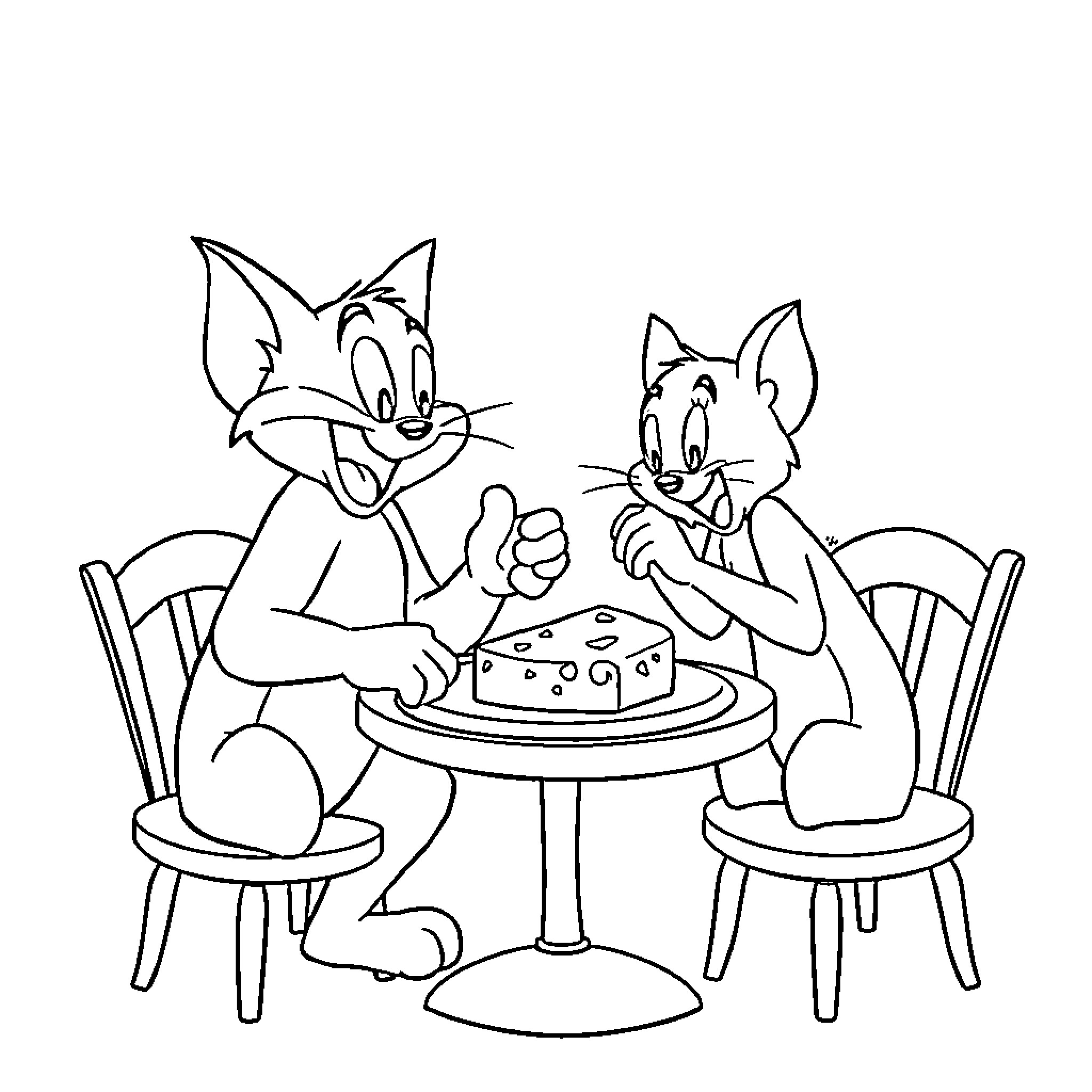 Tom and Jerry sharing a dessert happily Coloring Page (free black-and-white line drawing printable PDF for all, from beginners to advanced learners, including children, teens, adults, and seniors)