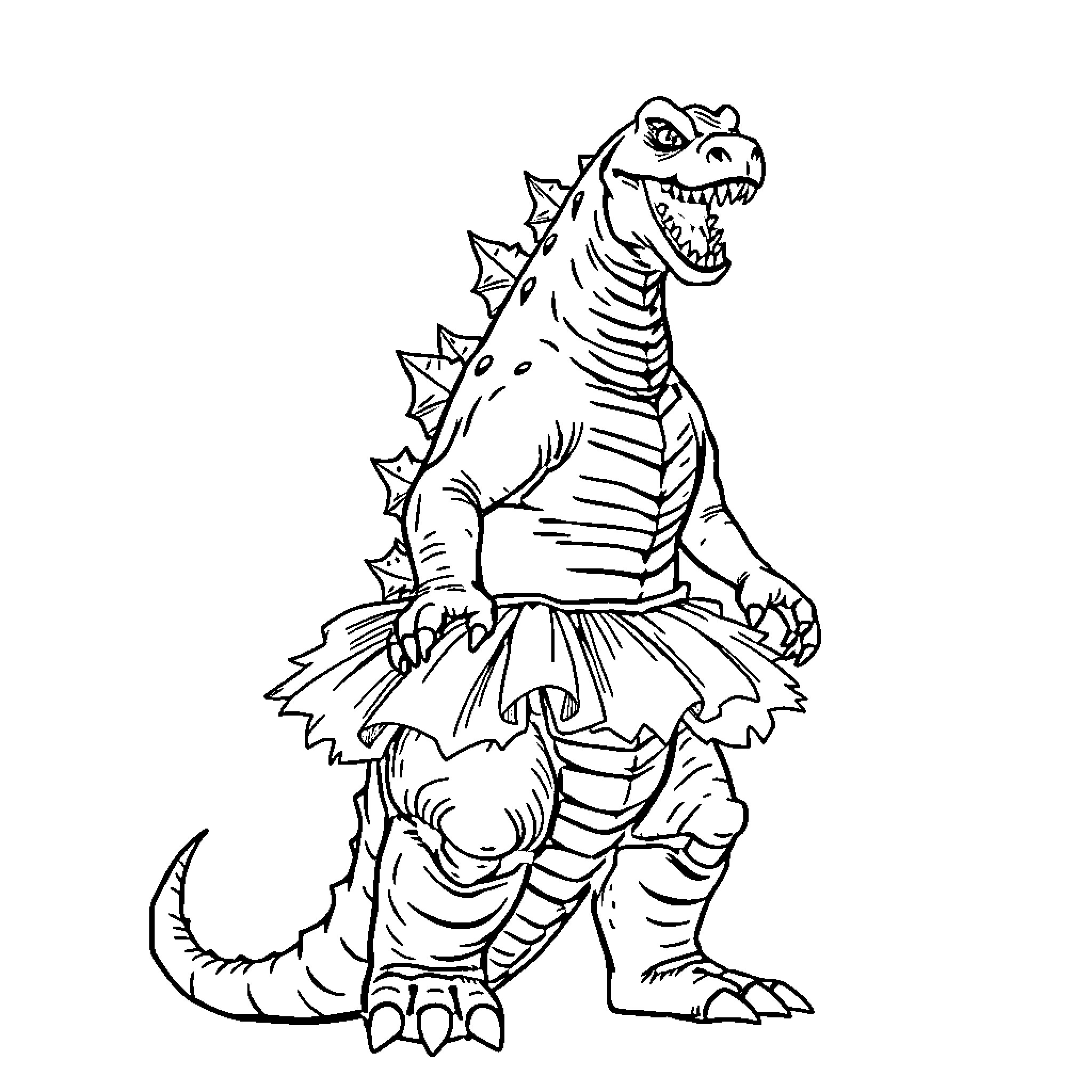 Godzilla Wearing a Ballet Tutu Coloring Page (free black-and-white line drawing printable PDF for all, from beginners to advanced learners, including children, teens, adults, and seniors)