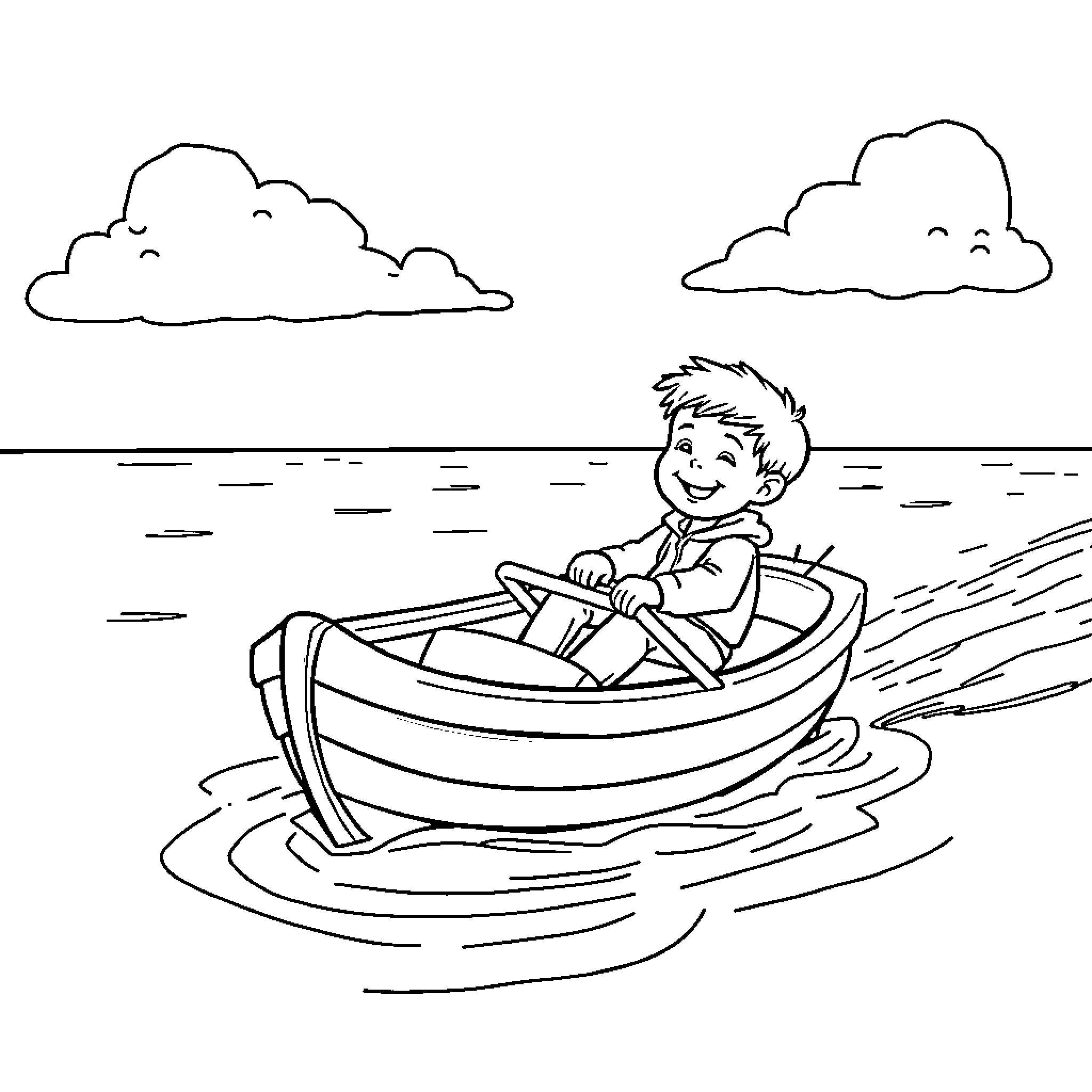 Boy rowing his boat on the water Coloring Page (free black-and-white line drawing printable PDF for all, from beginners to advanced learners, including children, teens, adults, and seniors)