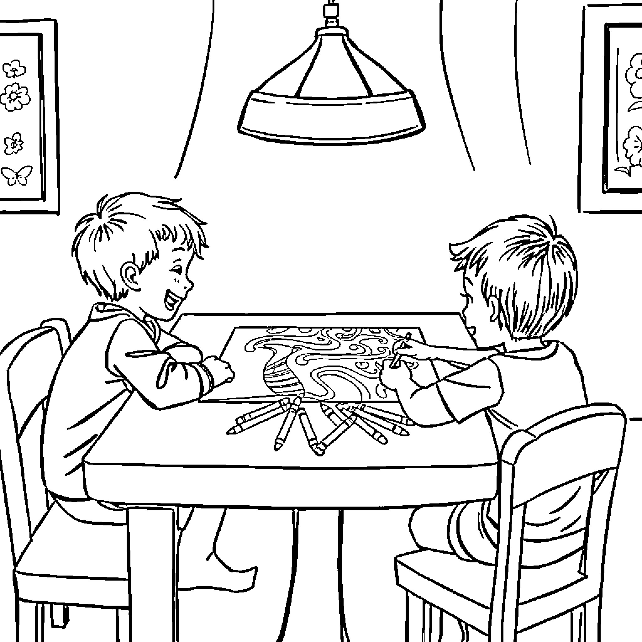 Kids Coloring at the Table Coloring Page (free black-and-white line drawing printable PDF for all, from beginners to advanced learners, including children, teens, adults, and seniors)