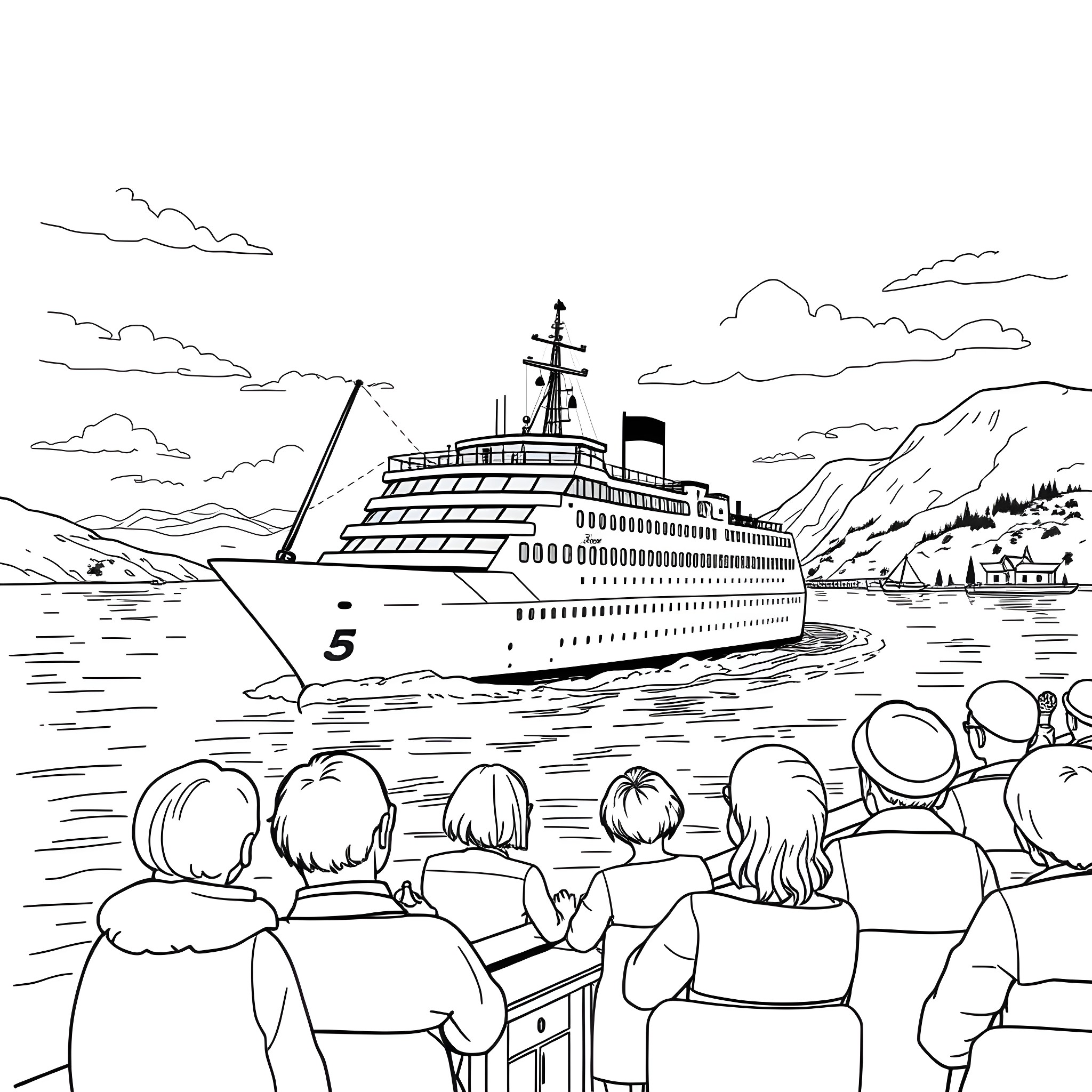 Ship sailing through the scenic waters Coloring Page (free black-and-white line drawing printable PDF for all, from beginners to advanced learners, including children, teens, adults, and seniors)