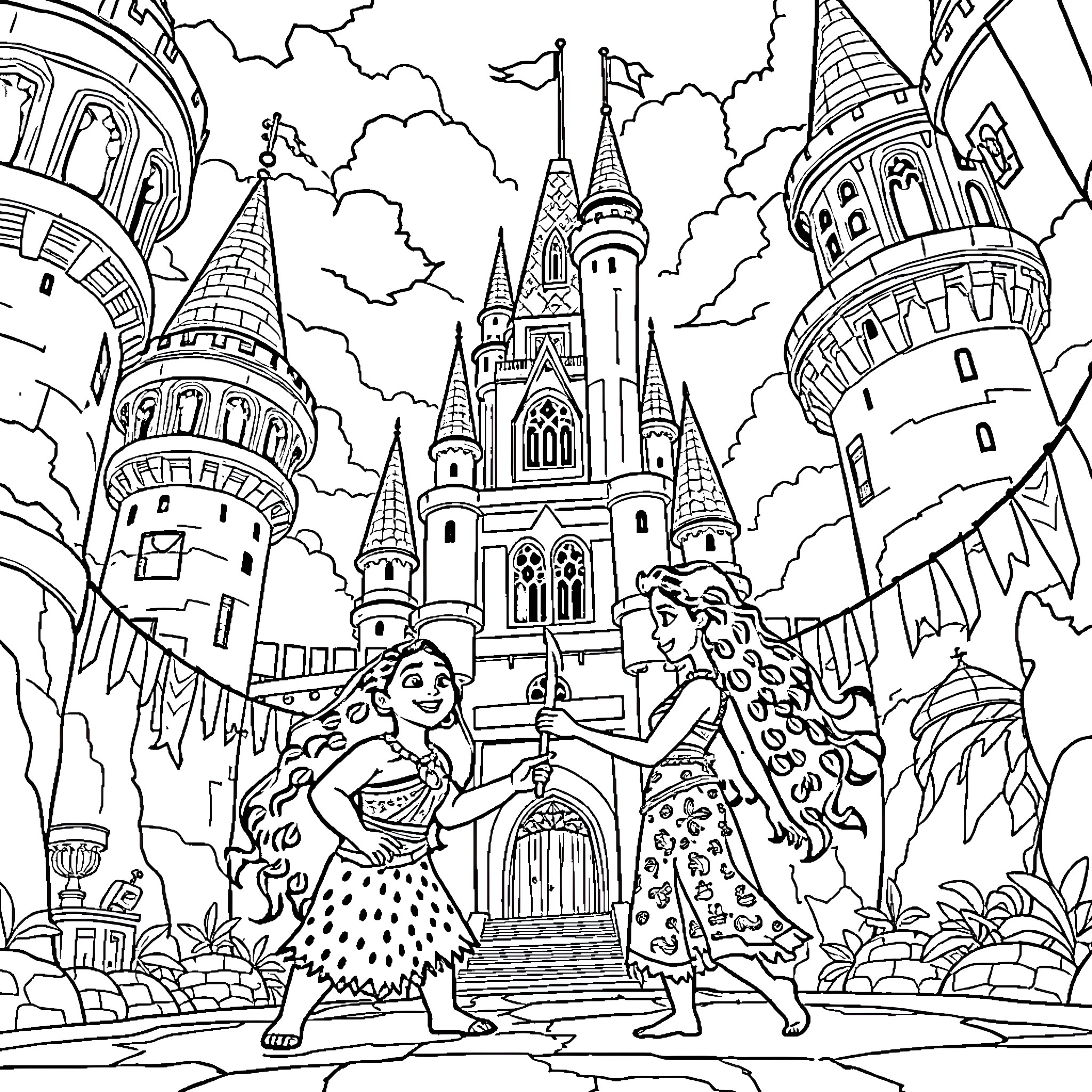 Moana and Maui exploring the magical castle Coloring Page (free black-and-white line drawing printable PDF for all, from beginners to advanced learners, including children, teens, adults, and seniors)