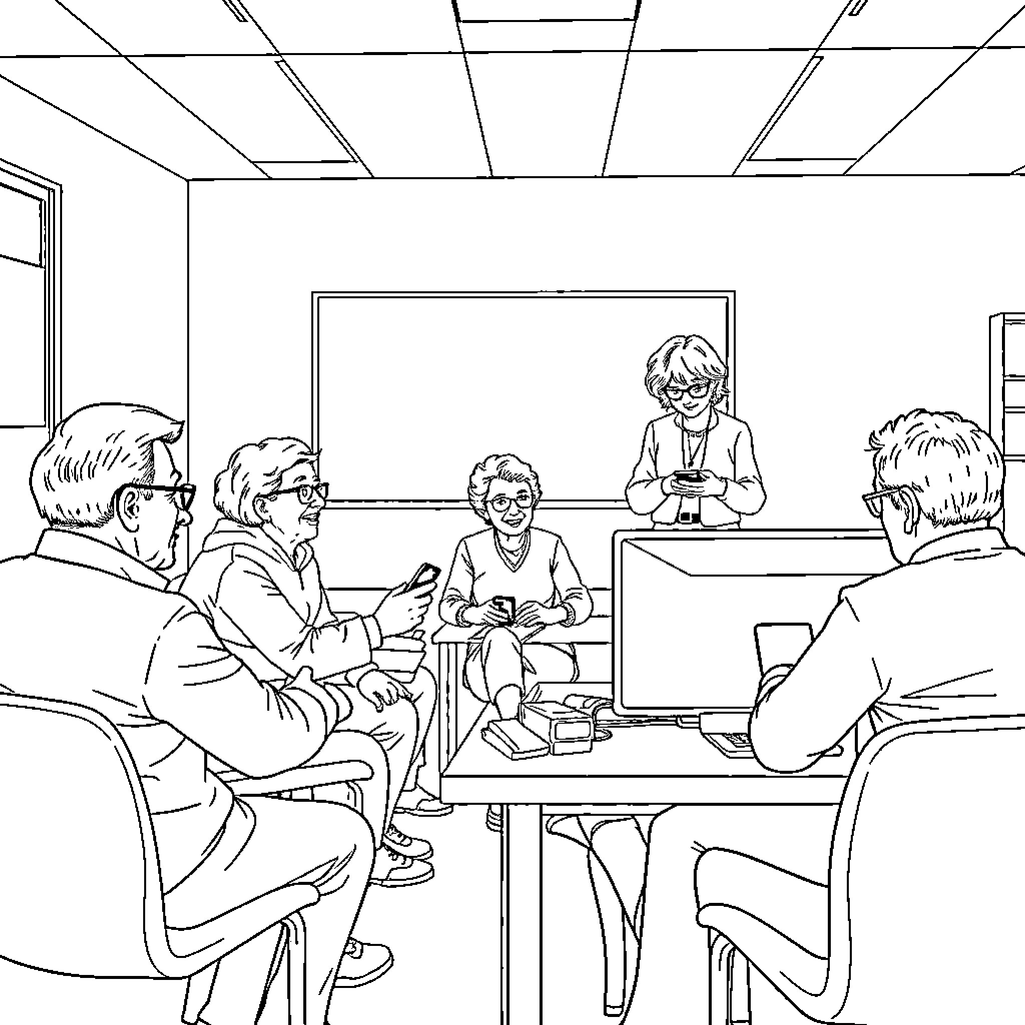Adult group discussion in a classroom setting Coloring Page (free black-and-white line drawing printable PDF for all, from beginners to advanced learners, including children, teens, adults, and seniors)
