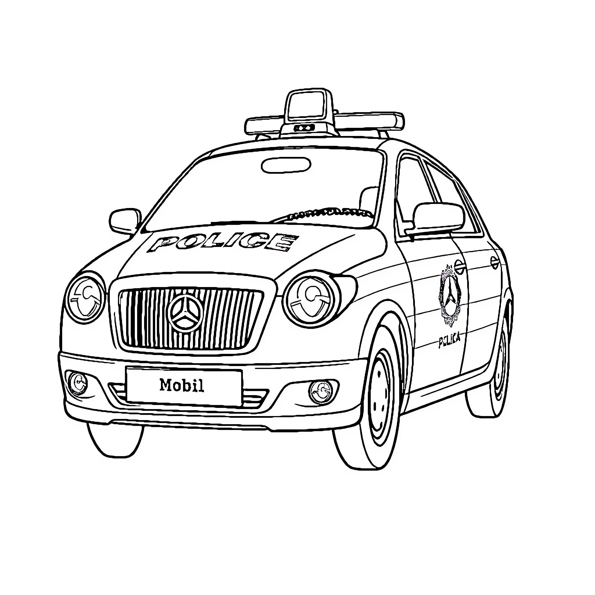Police Car with Patrol Markings Coloring Page (free black-and-white line drawing printable PDF for all, from beginners to advanced learners, including children, teens, adults, and seniors)