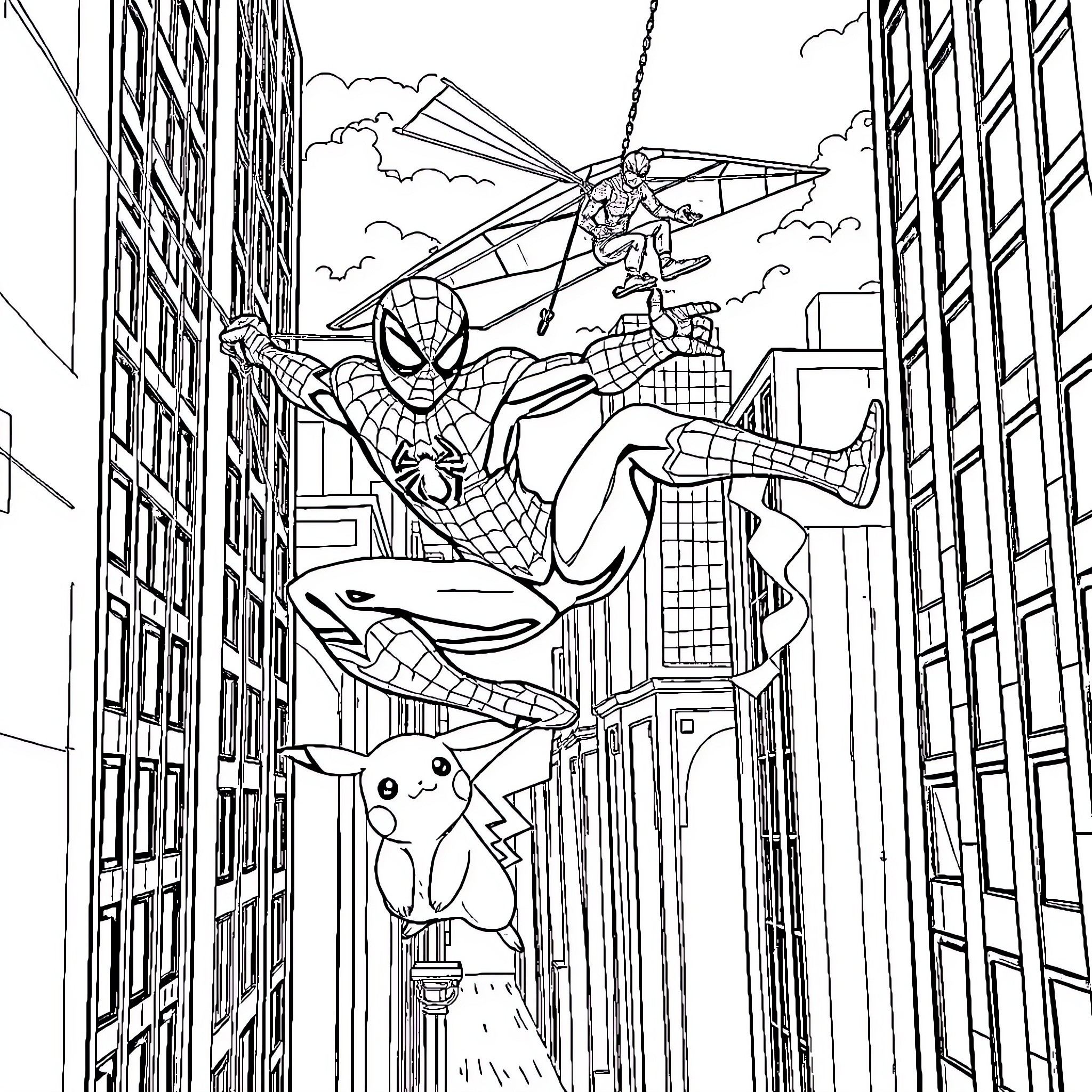 Spiderman swinging through the city skyline Coloring Page (free black-and-white line drawing printable PDF for all, from beginners to advanced learners, including children, teens, adults, and seniors)